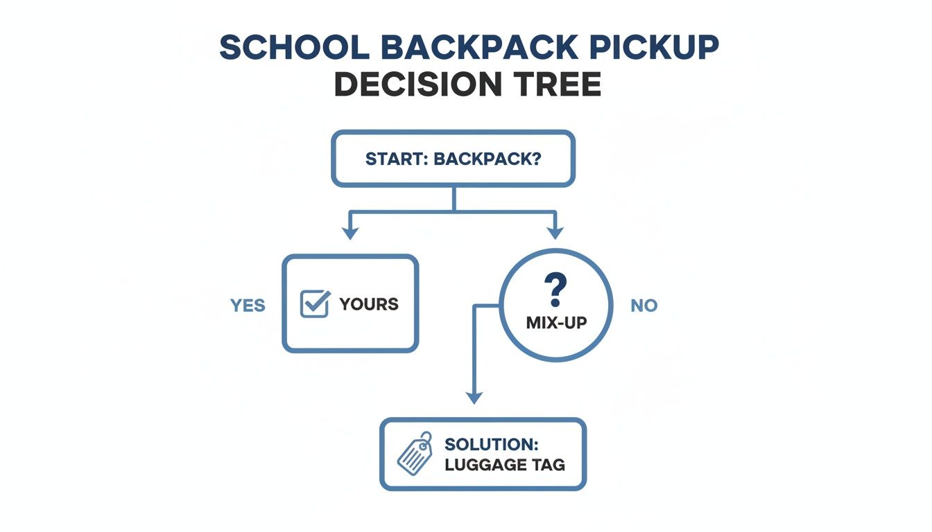 A decision tree flowchart for school backpack pickup, showing steps for identifying yours or using luggage tags for mix-ups.