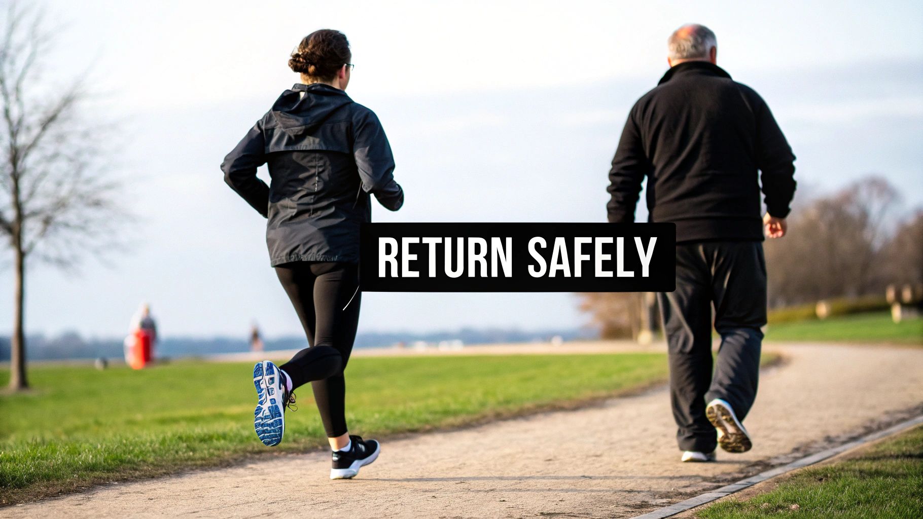 Rear view of a woman jogging and a man walking in a park, with 'RETURN SAFELY' text.