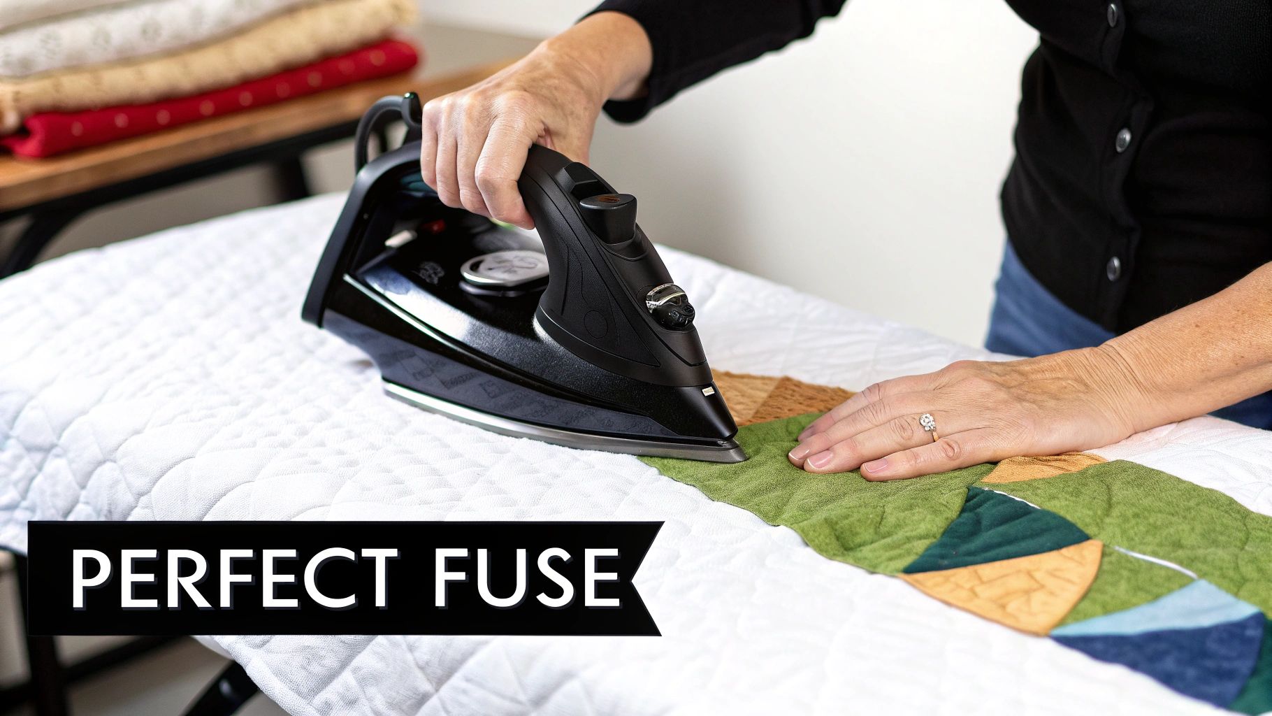 A person's hands using a black iron to press a green and brown quilted fabric on a white ironing board.
