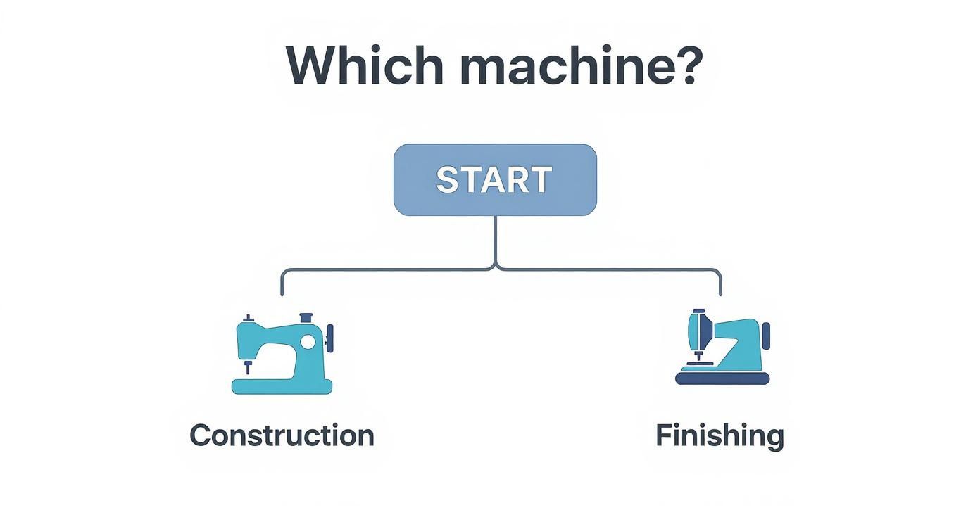 Infographic decision tree asking 'Which machine?' which branches to 'Construction' with a sewing machine icon and 'Finishing' with a serger icon.