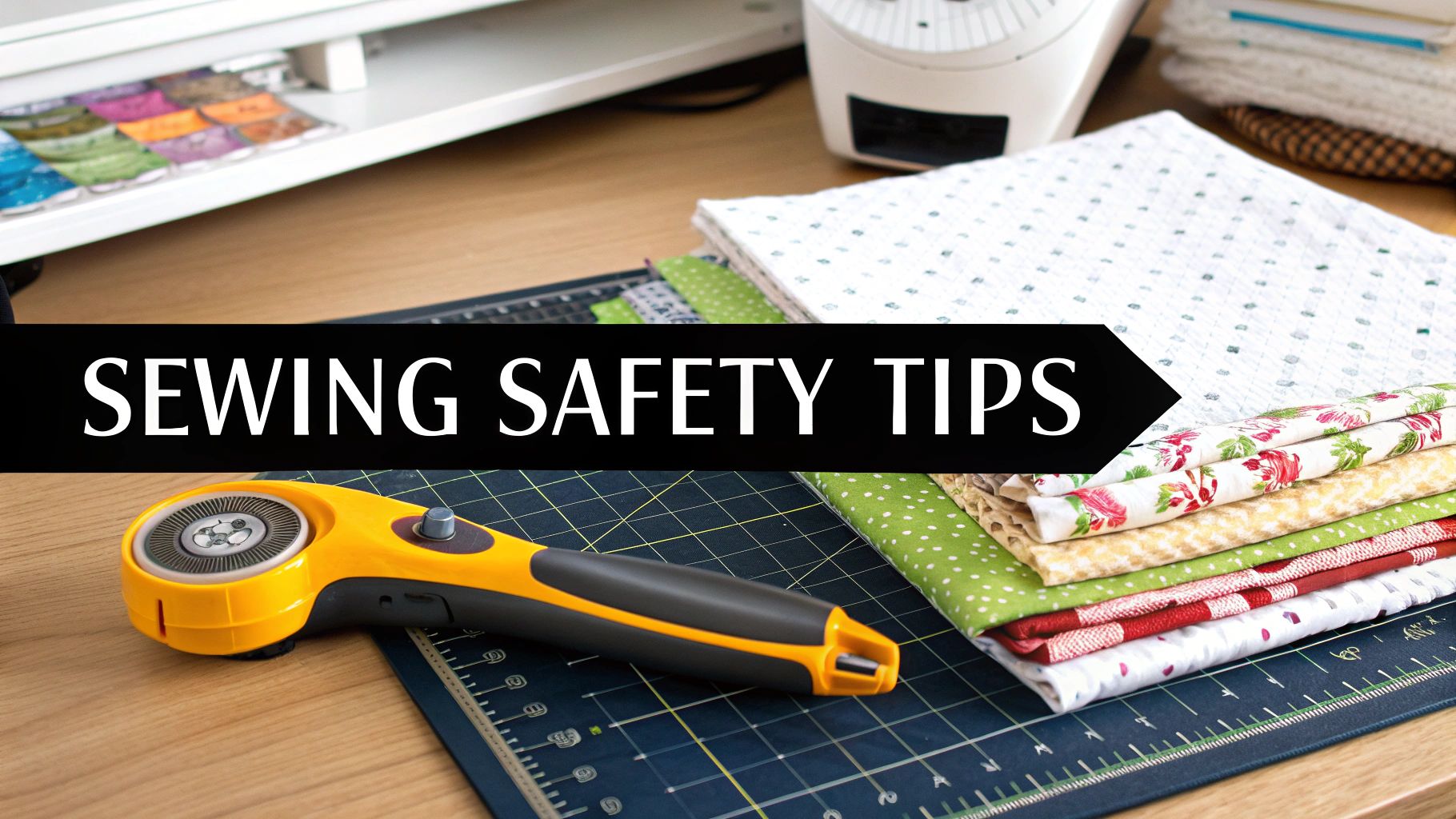 A yellow rotary cutter, various fabrics, and a cutting mat with 'SEWING SAFETY TIPS' banner.