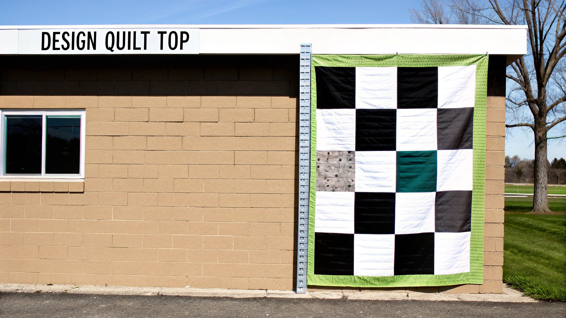 A checkerboard quilt with black, white, grey, and green squares hanging on a tan building.