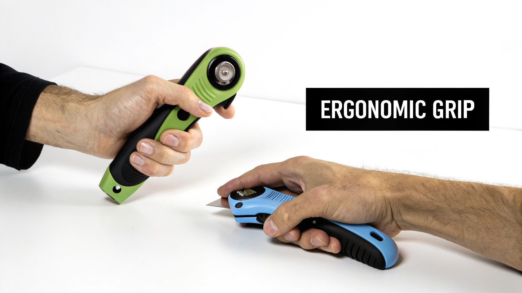 Two hands demonstrating ergonomic grip on a green rotary cutter and a blue utility knife.
