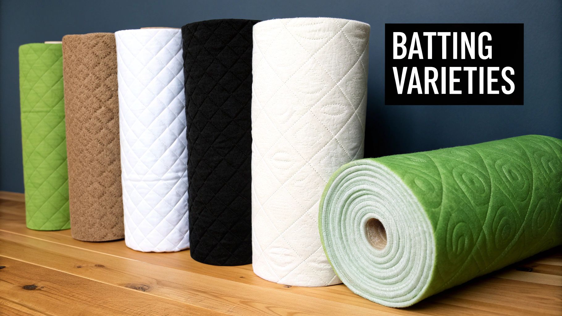 Different types of cotton batting rolls stacked neatly in a sewing room.