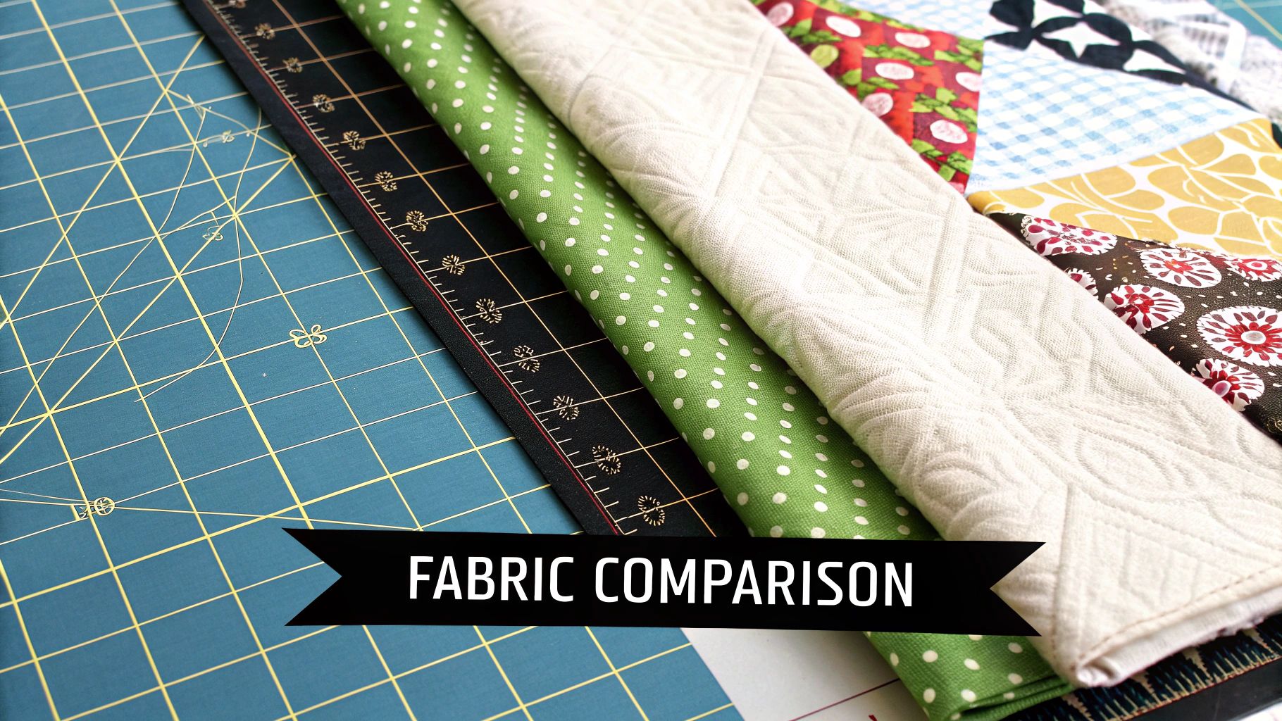 Several stacks of colorful quilting fabric folded neatly on a shelf.