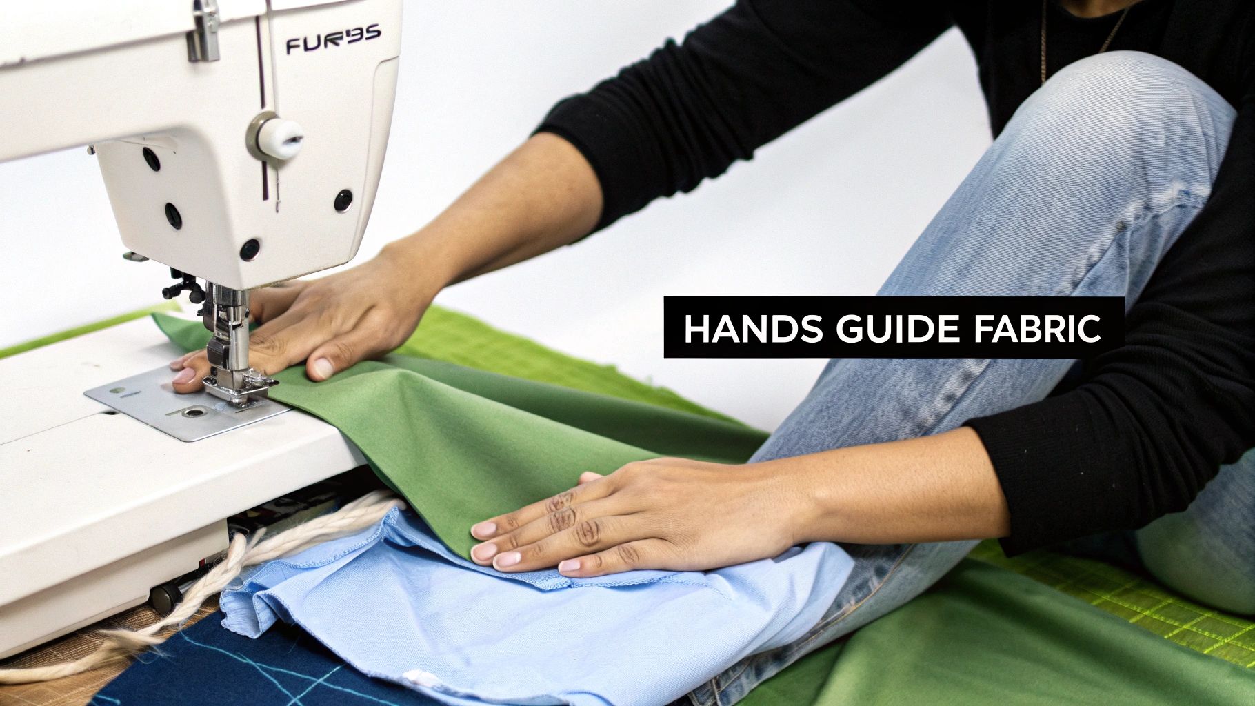 A person's hands skillfully guide vibrant green fabric under a sewing machine's needle.