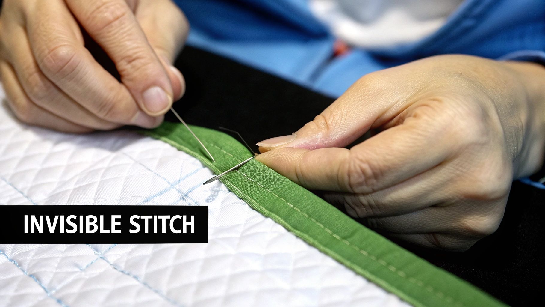Close-up of hands expertly sewing an invisible stitch on a green fabric quilt binding.
