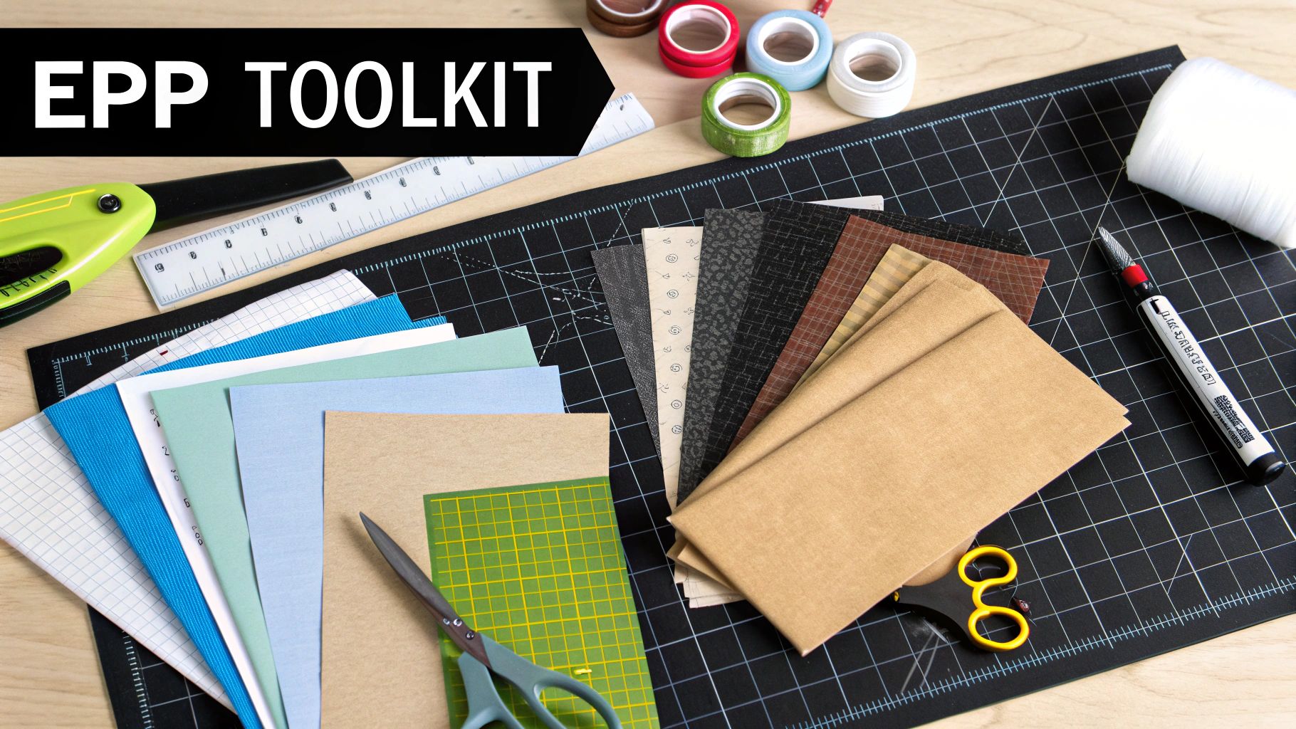 A collection of English paper piecing supplies including fabric, thread, needles, and paper templates.
