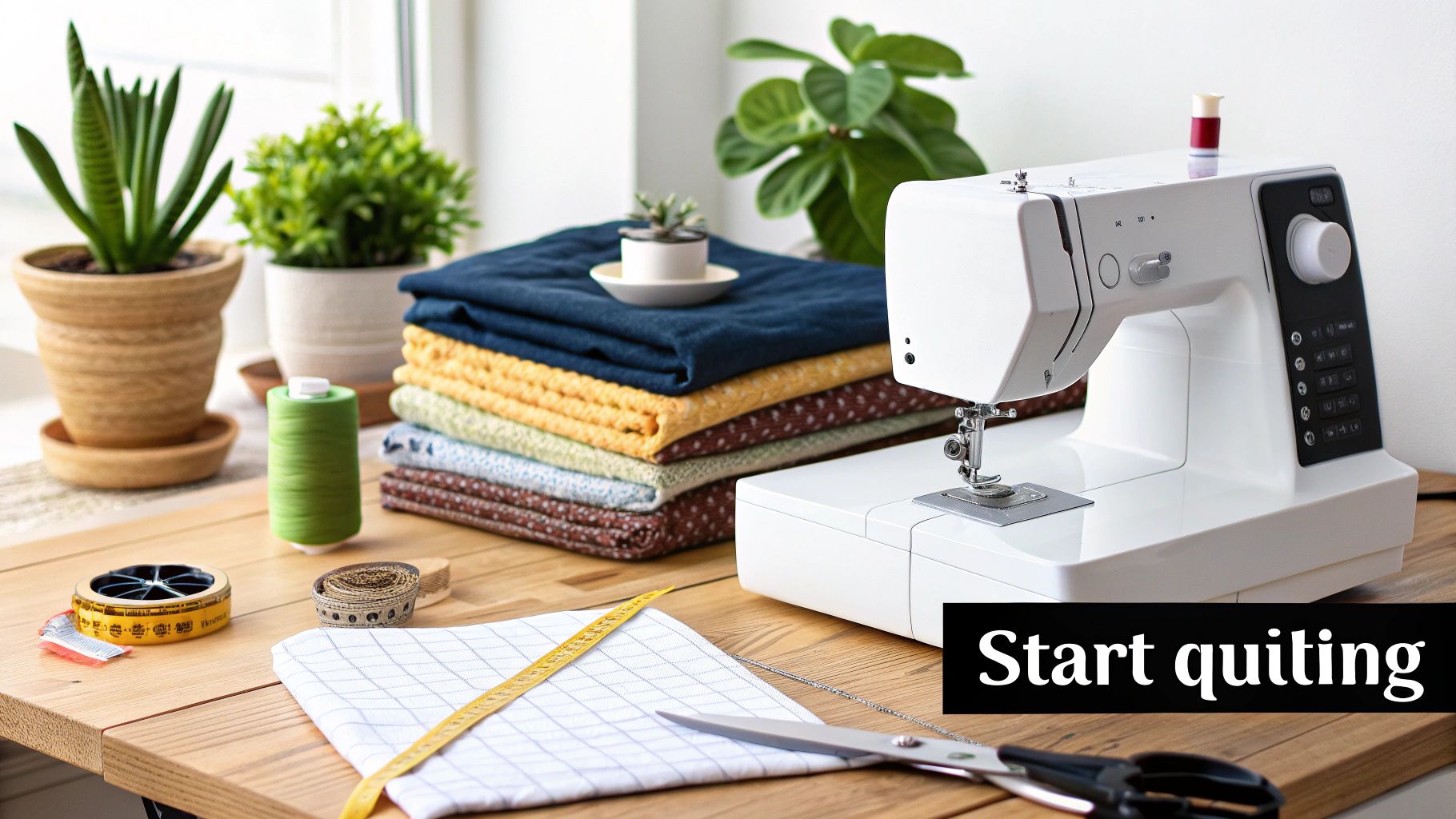 A modern white sewing machine, colorful fabric stacks, and tools set up for quilting.