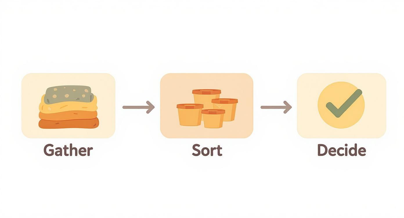 Infographic illustrating the process of gathering, sorting, and making decisions for organization.