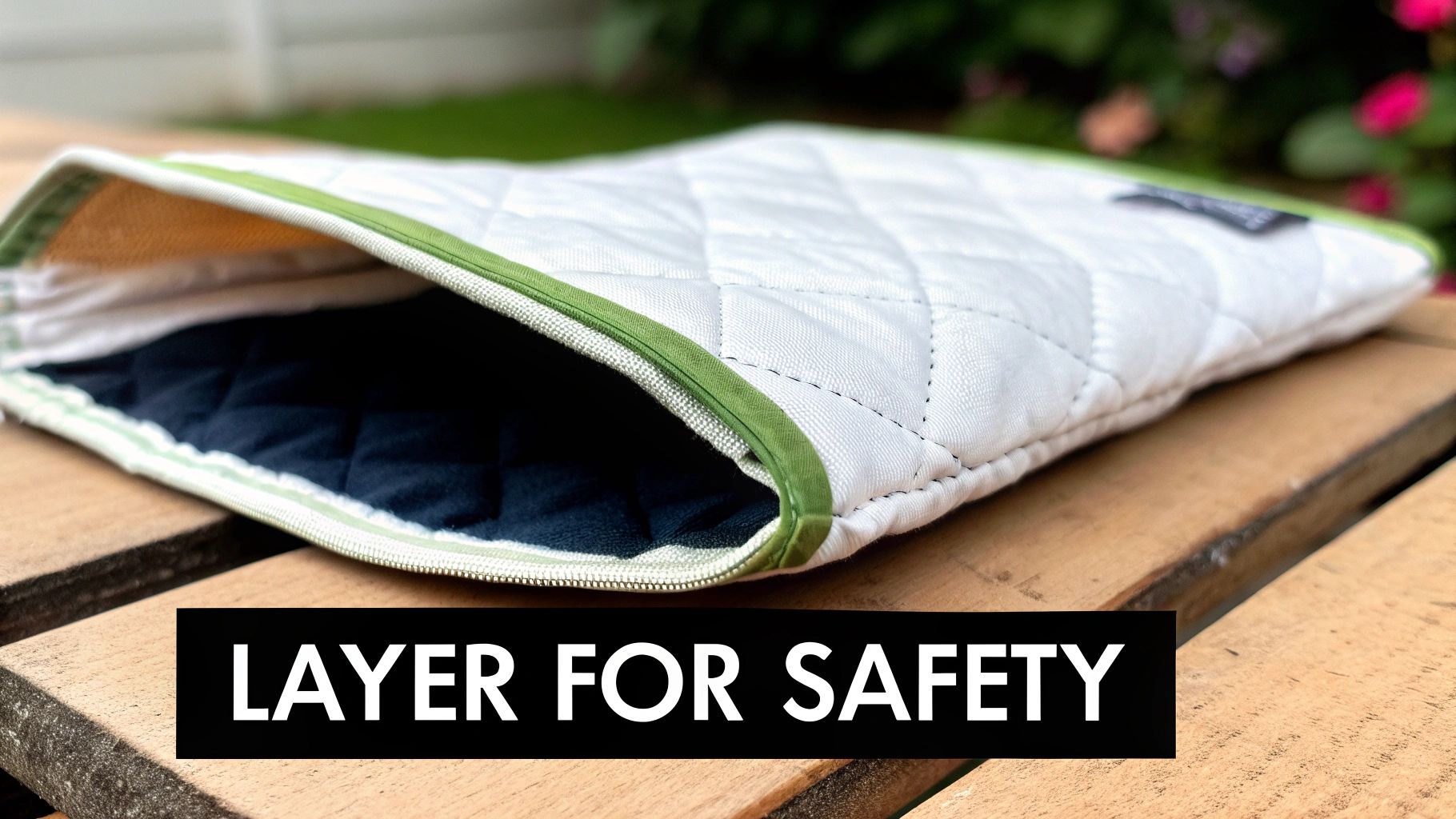 A white quilted oven mitt with green trim on a wooden surface, showing its layered interior.