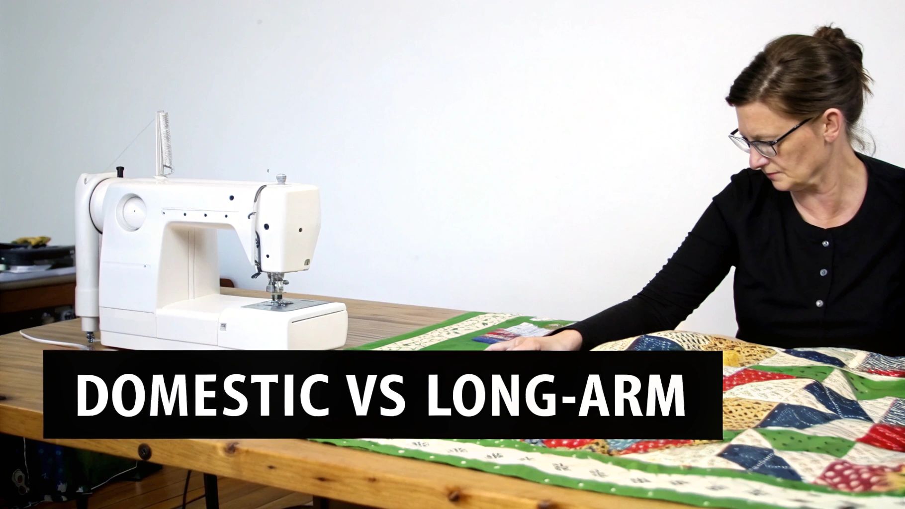 A quilter guides a large quilt under the needle of a stationary long-arm quilting machine, highlighting its expansive workspace.