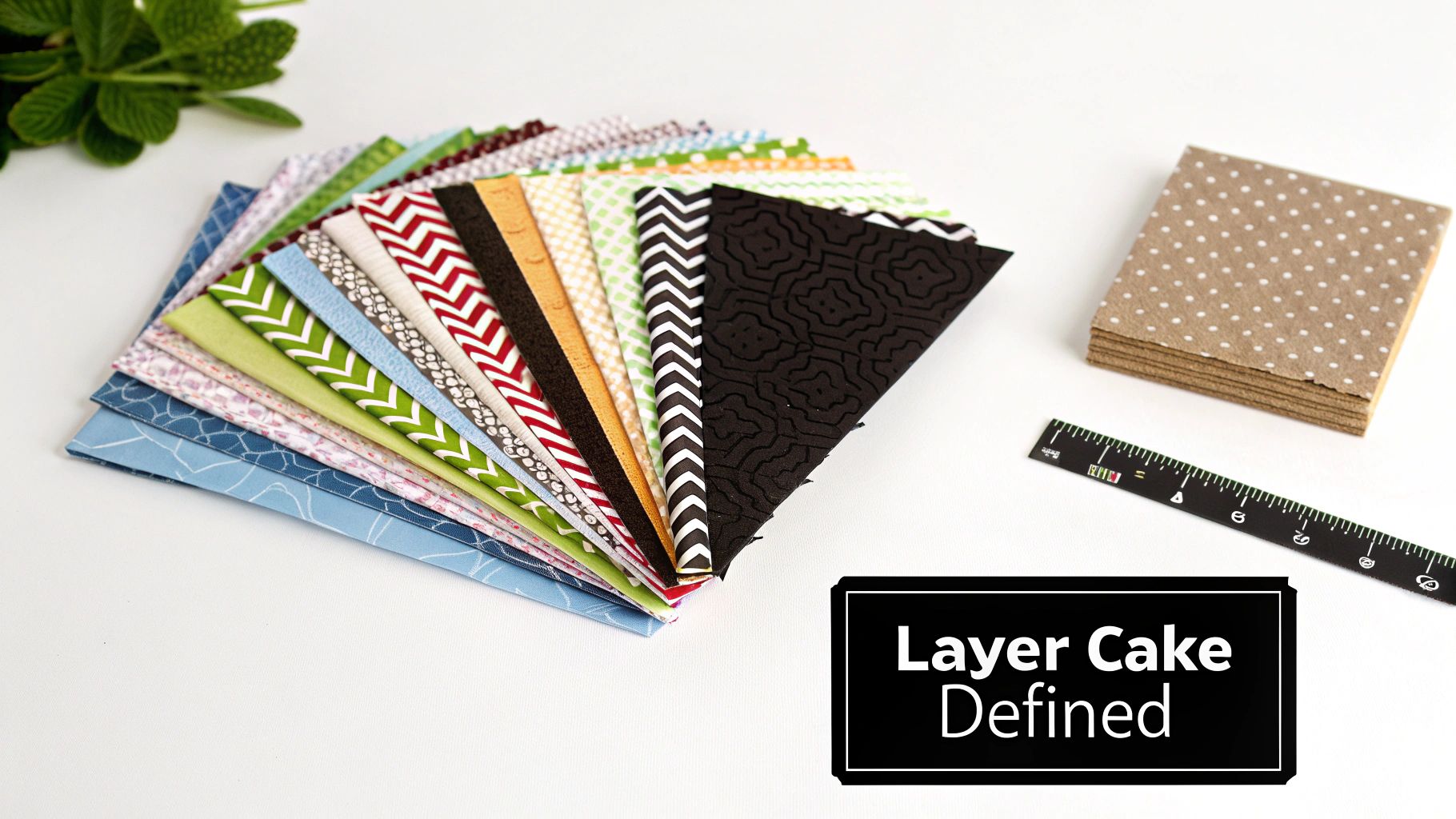 A stack of colorful 10-inch quilting fabric squares known as a Layer Cake.