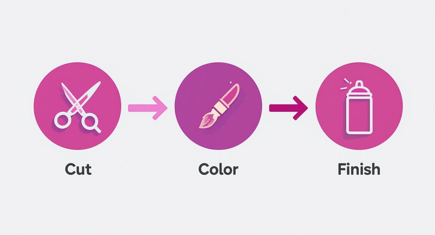 An infographic showing the process flow of wig styling with icons for cutting, coloring, and finishing.