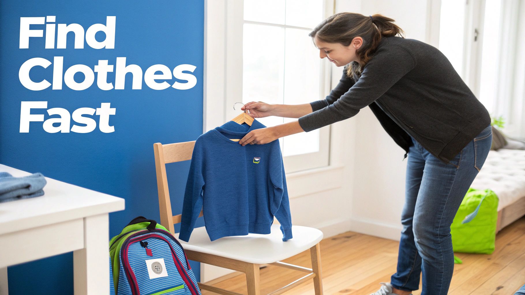 A woman hangs a blue sweater on a wooden hanger above a chair, next to a backpack.