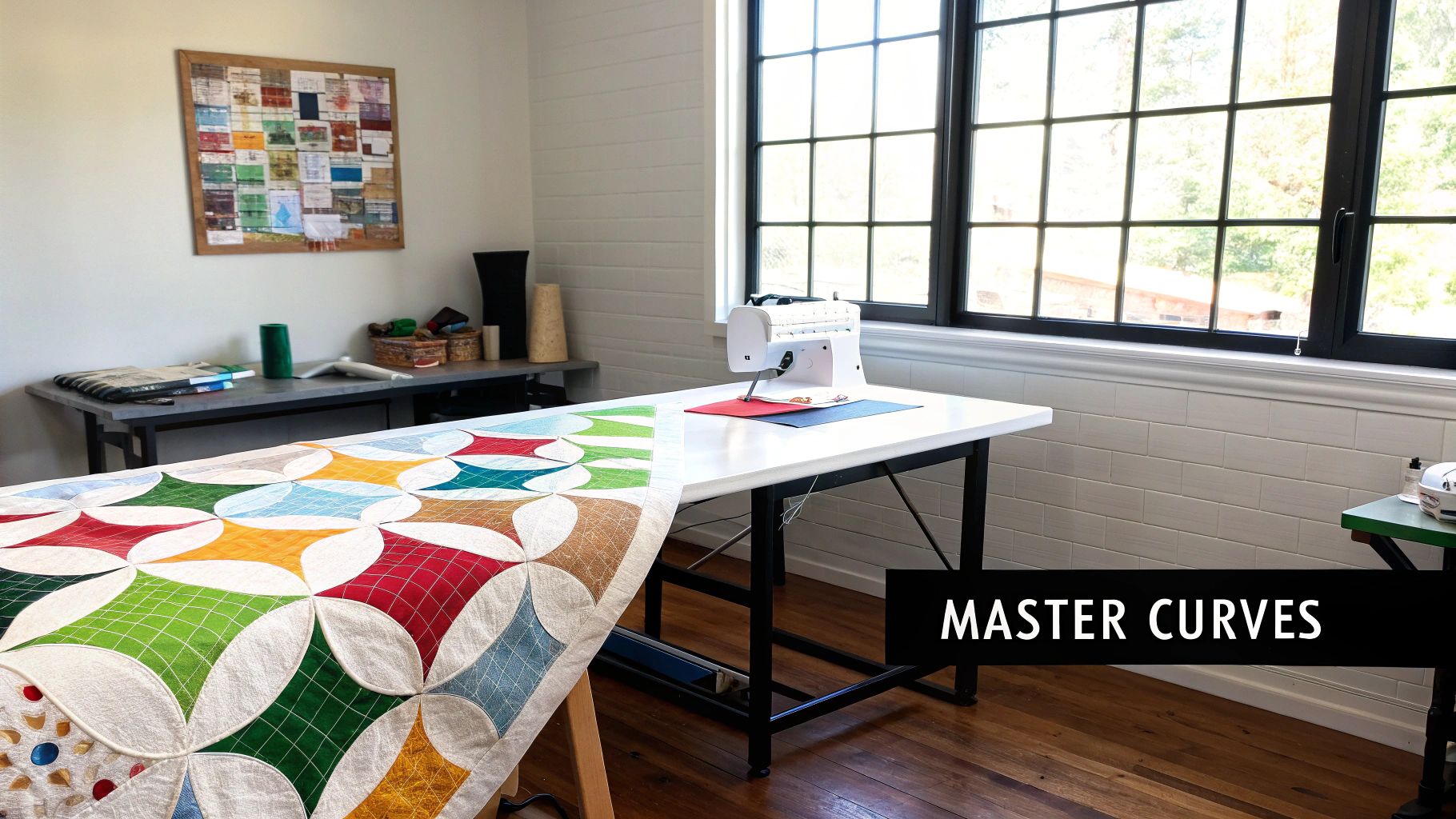A vibrant Drunkard's Path quilt pattern laid on a table with a sewing machine in a sunlit room.