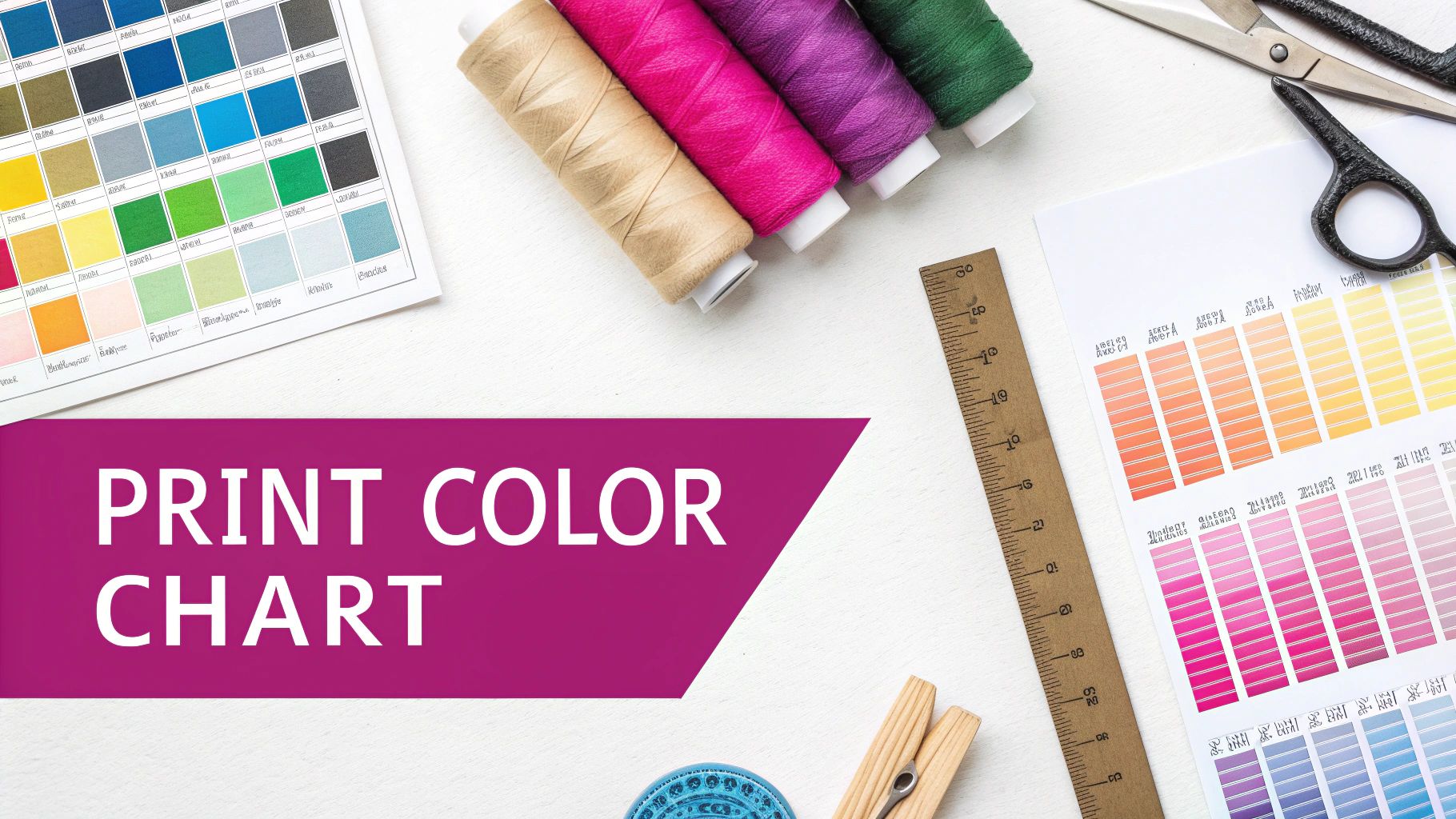 Overhead view of print color charts, vibrant embroidery threads, scissors, and a ruler on a white desk.
