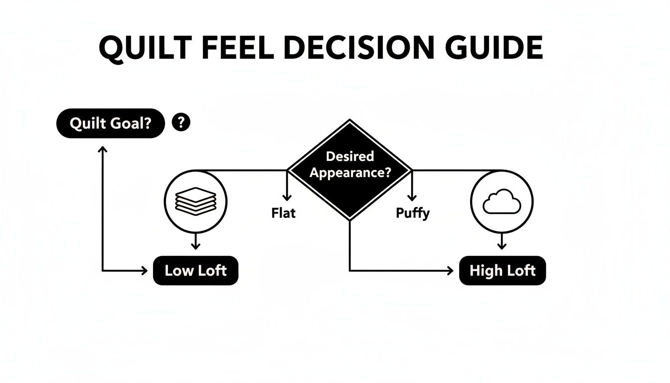 Decision guide flowchart showing how to choose quilt batting for flat (low loft) or puffy (high loft) appearance.