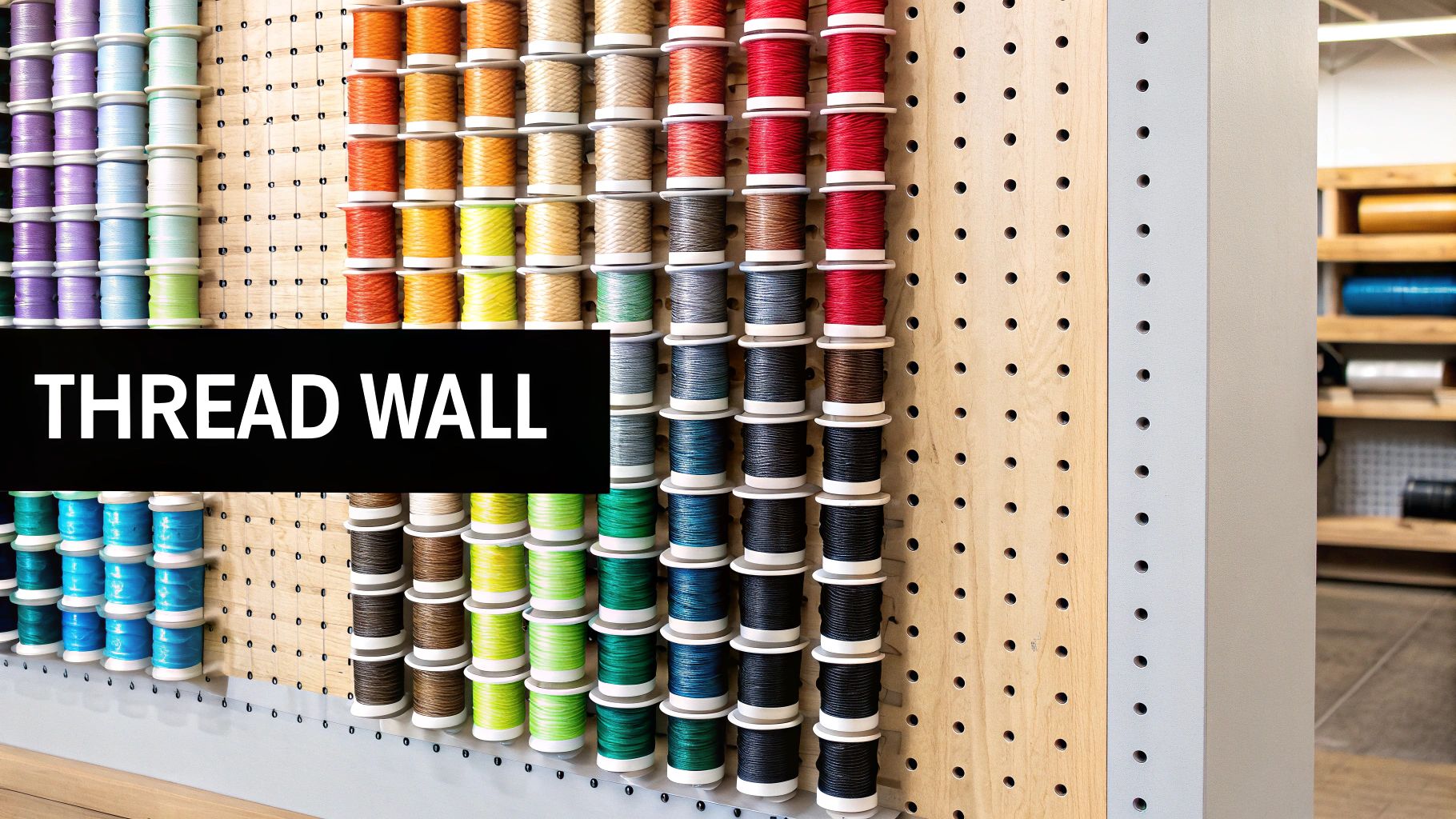 A vibrant display of colorful thread spools neatly organized on a large pegboard wall.