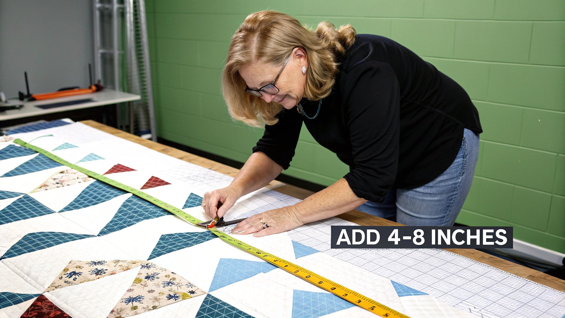 A woman carefully measures a colorful quilt with a tape measure on a large work table.