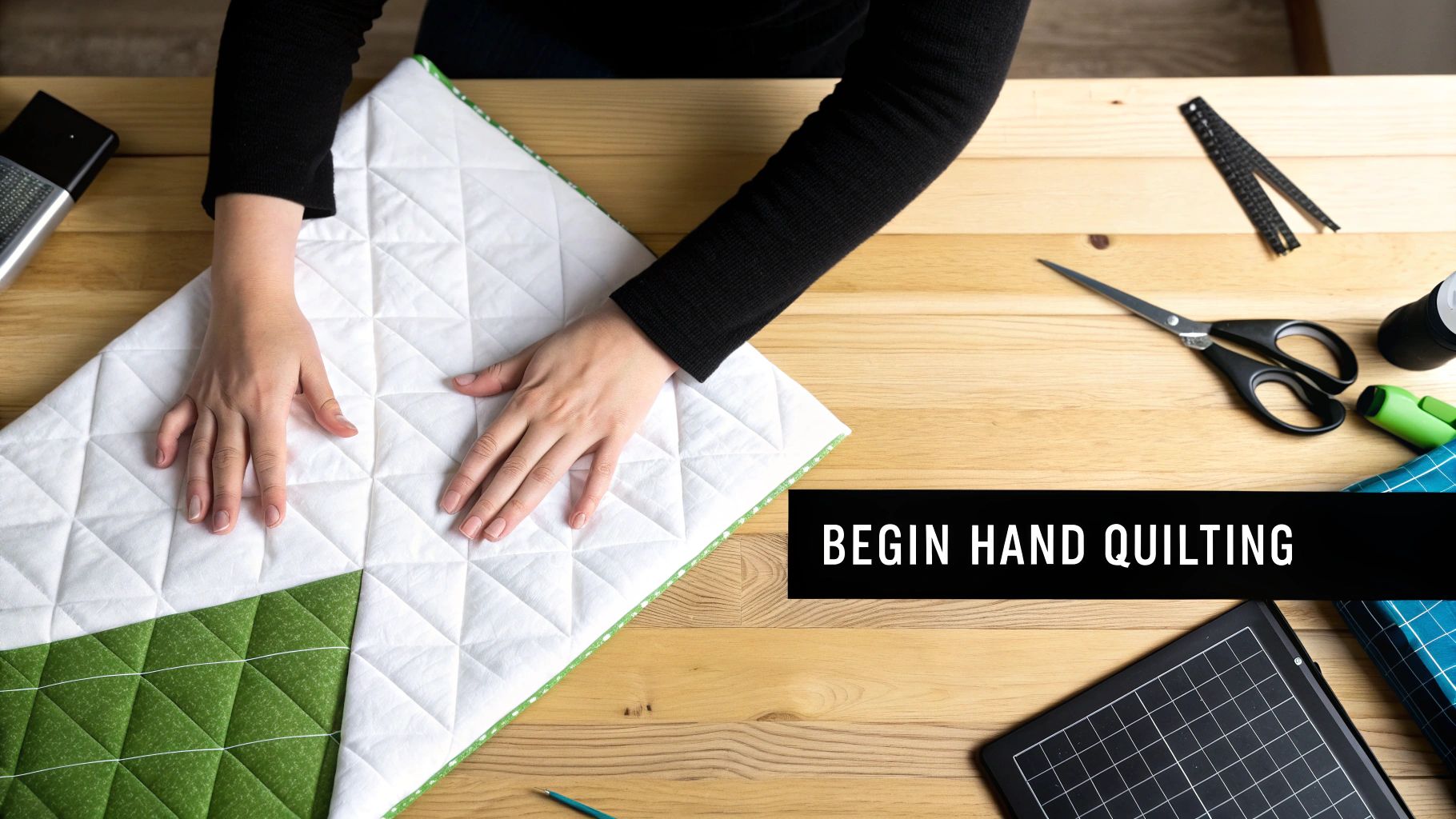Hands smooth a partially quilted white and green fabric on a wooden table with sewing tools, illustrating hand quilting.