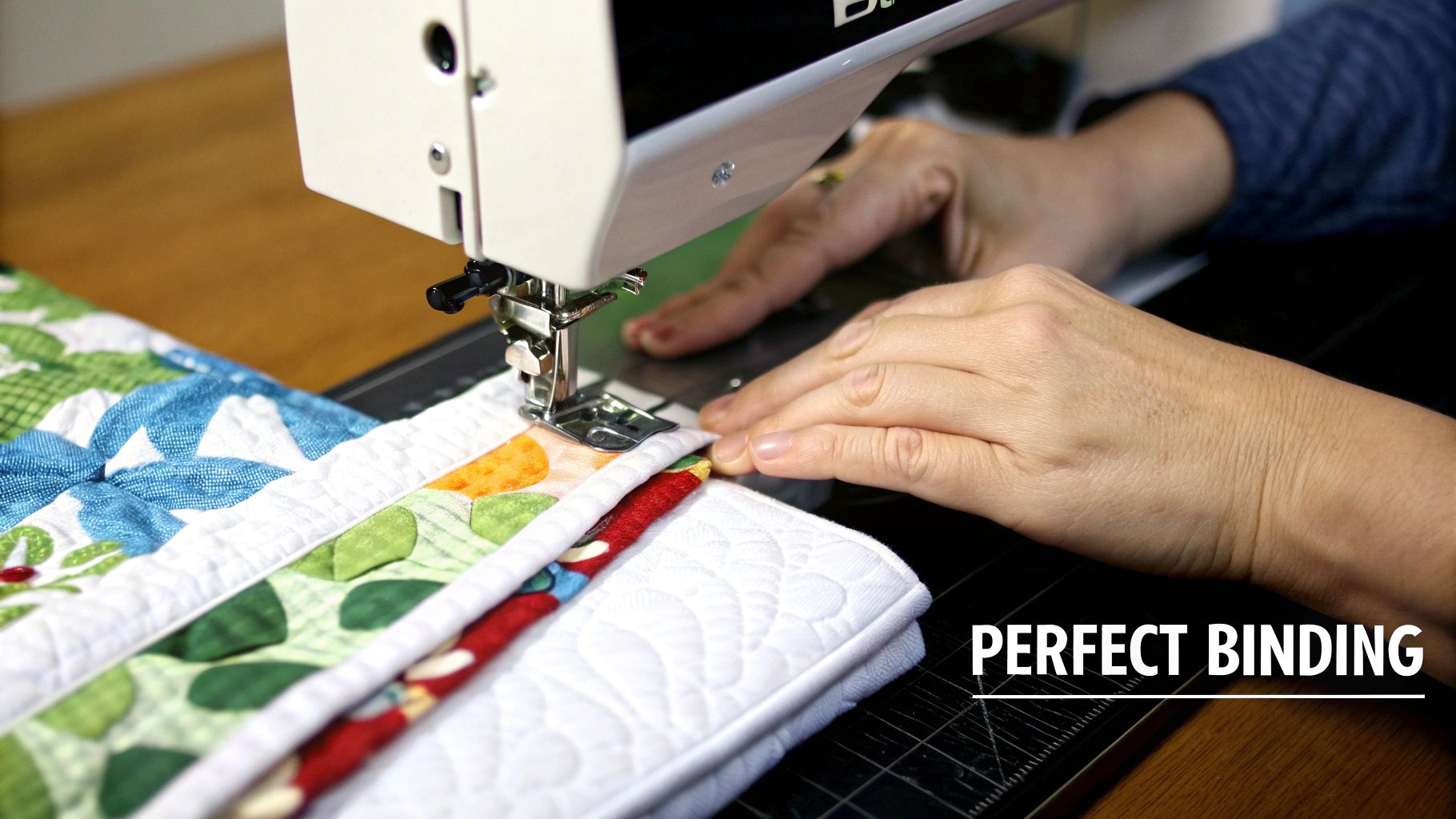 A person's hands are guiding a colorful quilted piece under a sewing machine's needle, working on the binding.