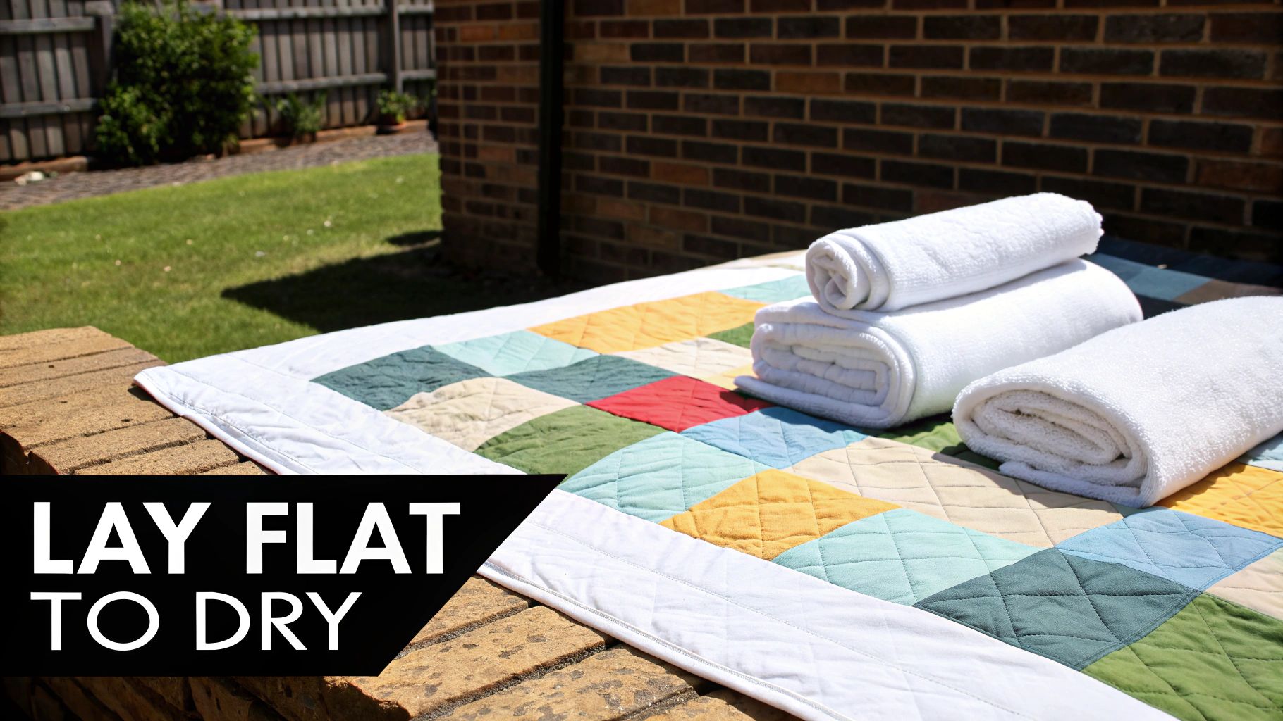 A colorful patchwork quilt and three rolled white towels lay flat to dry on a stone surface outdoors.