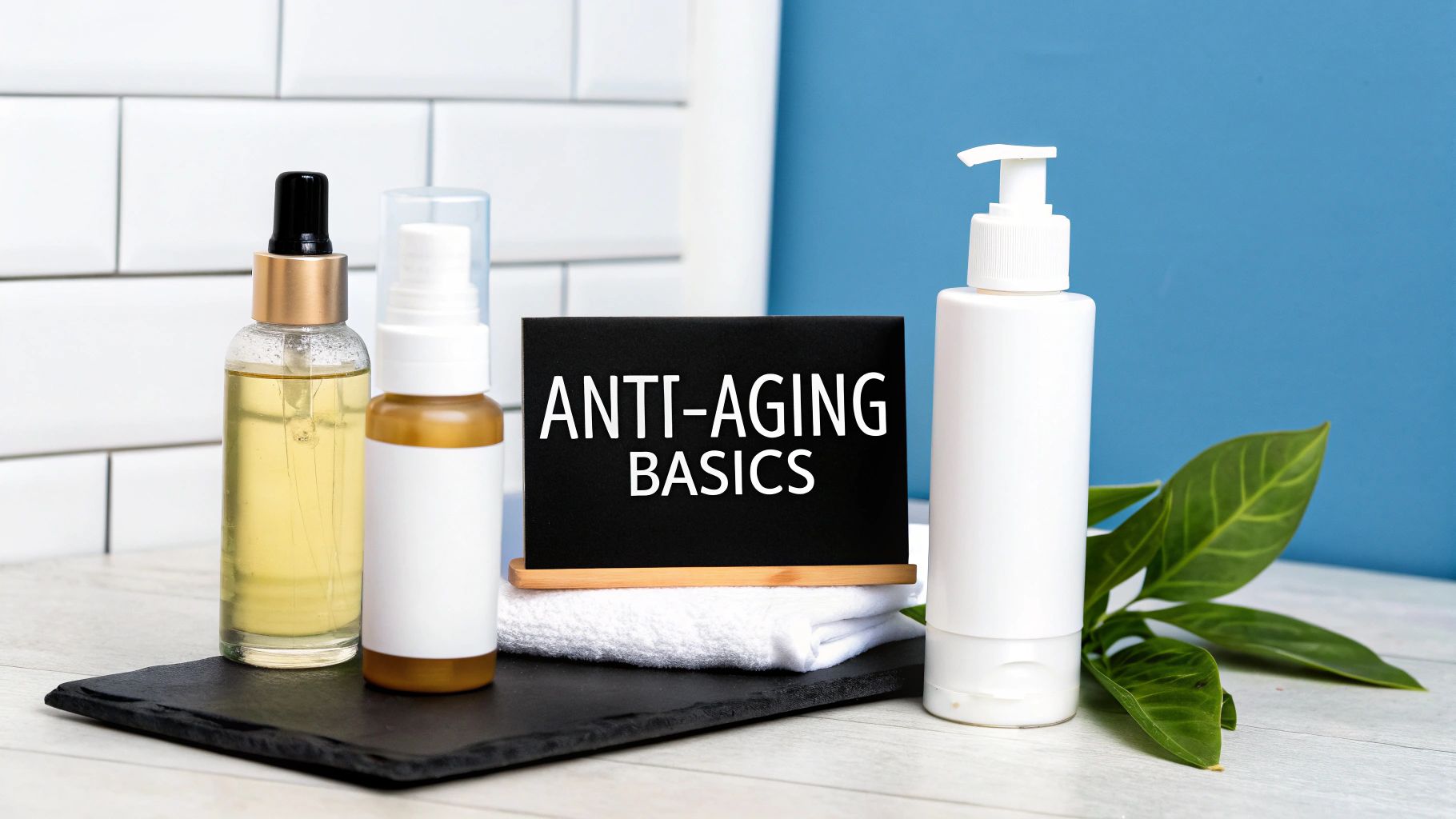 Anti-aging skincare products, including oils and lotions, displayed with an 'ANTI-AGING BASICS' sign.