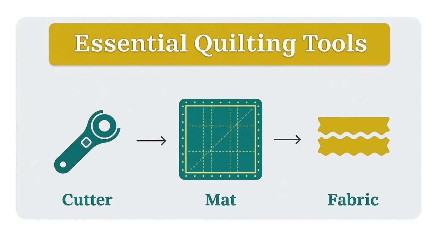 An illustration showing essential quilting tools: a rotary cutter, a cutting mat, and cut fabric.