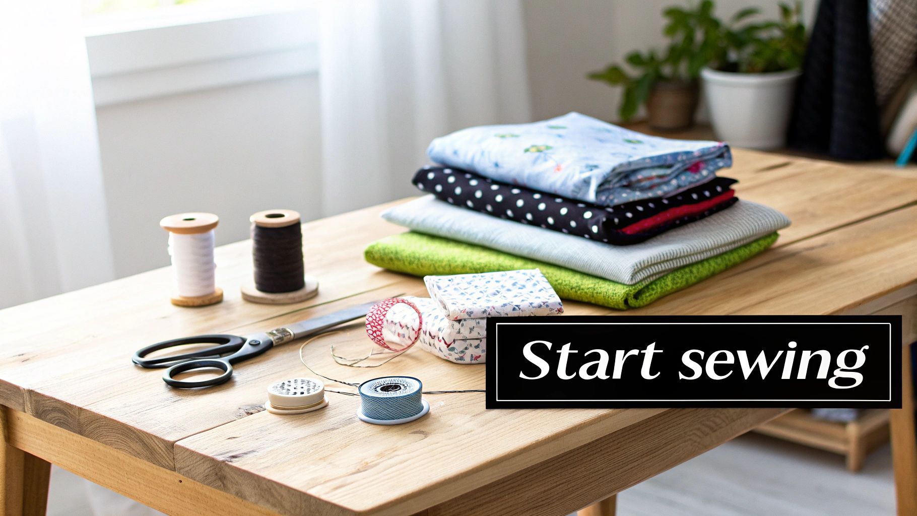 Wooden table with colorful fabric, scissors, thread spools, and sewing supplies for beginners