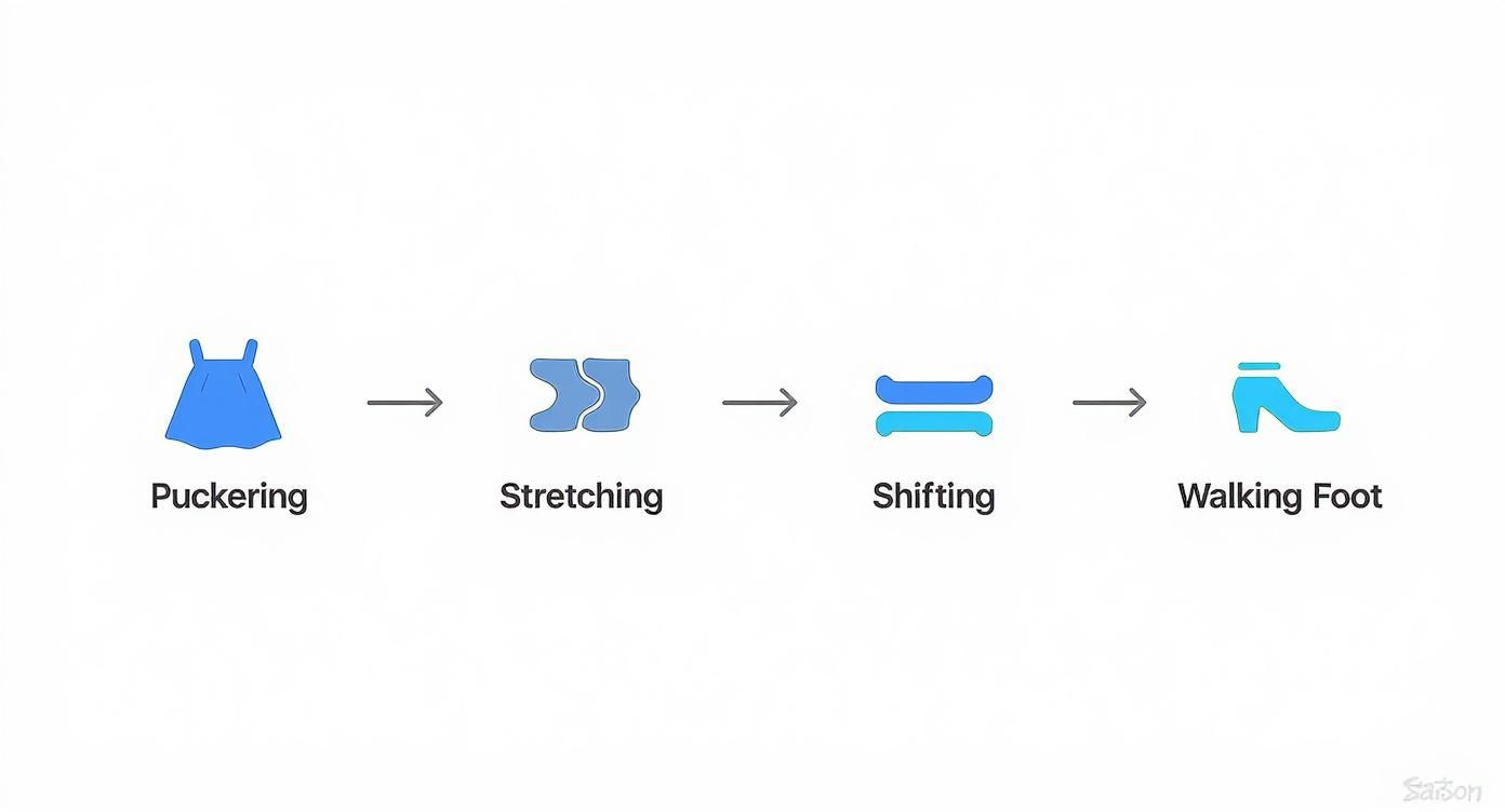 Sequential diagram showing four stages of sewing machine walking foot usage from puckering to finished seam