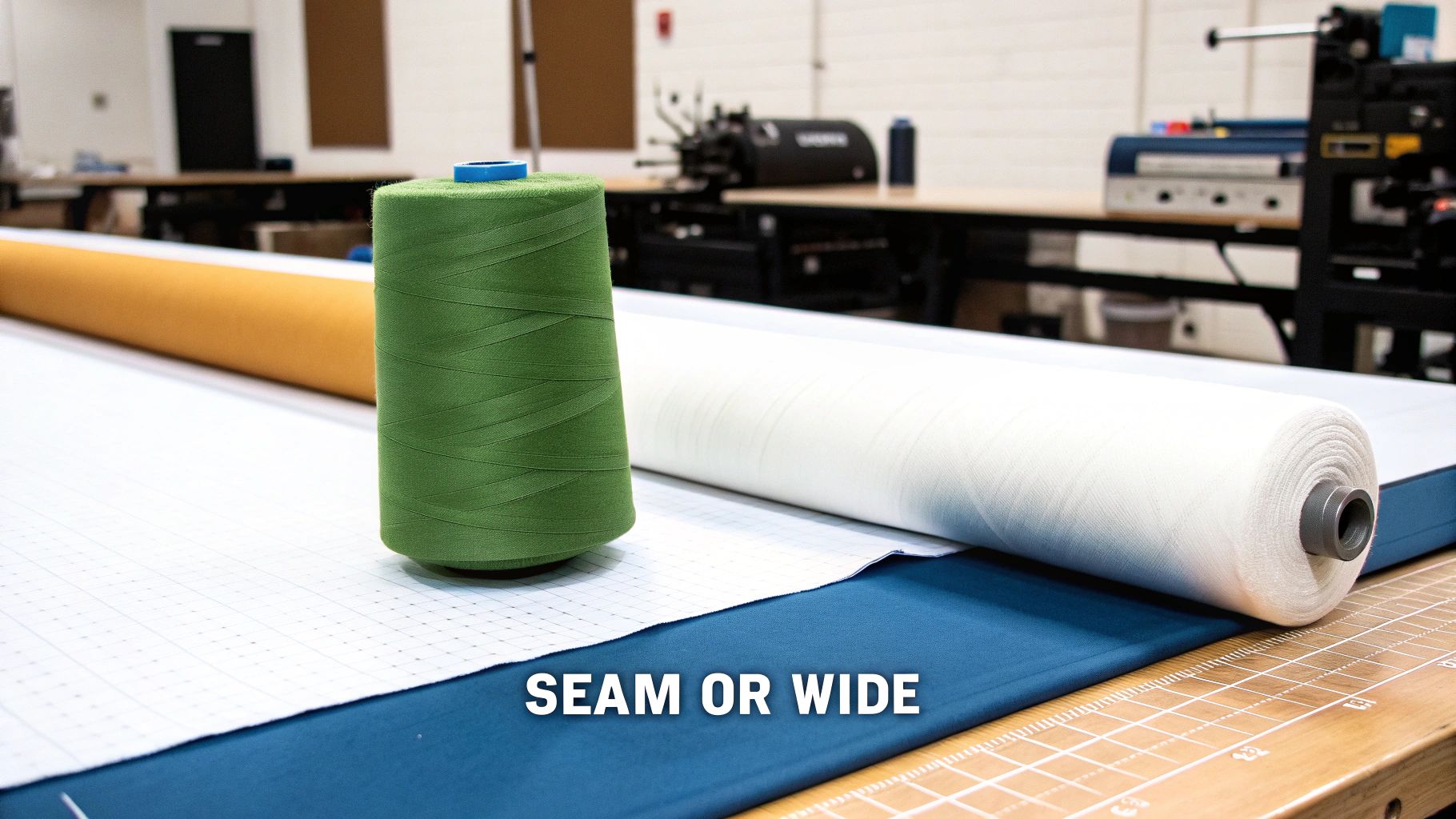Green and blue spools of thread next to rolls of fabric on a grid-marked cutting table.