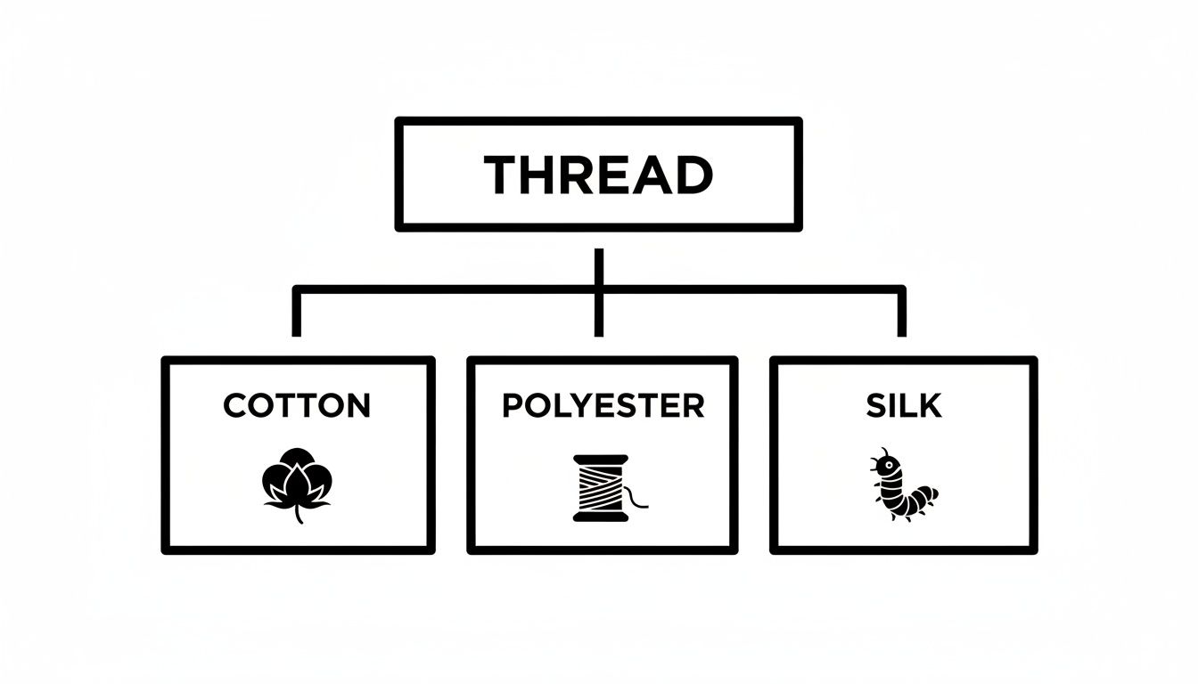 A black and white diagram illustrating different thread types: cotton, polyester, and silk, with icons.