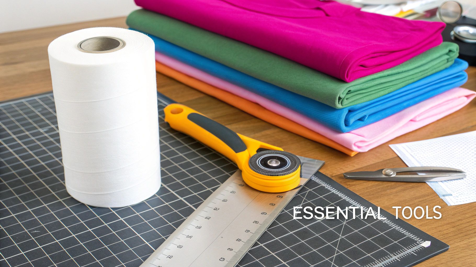 A crafting workspace with a white thread spool, colorful fabric stack, rotary cutter, ruler, and scissors.