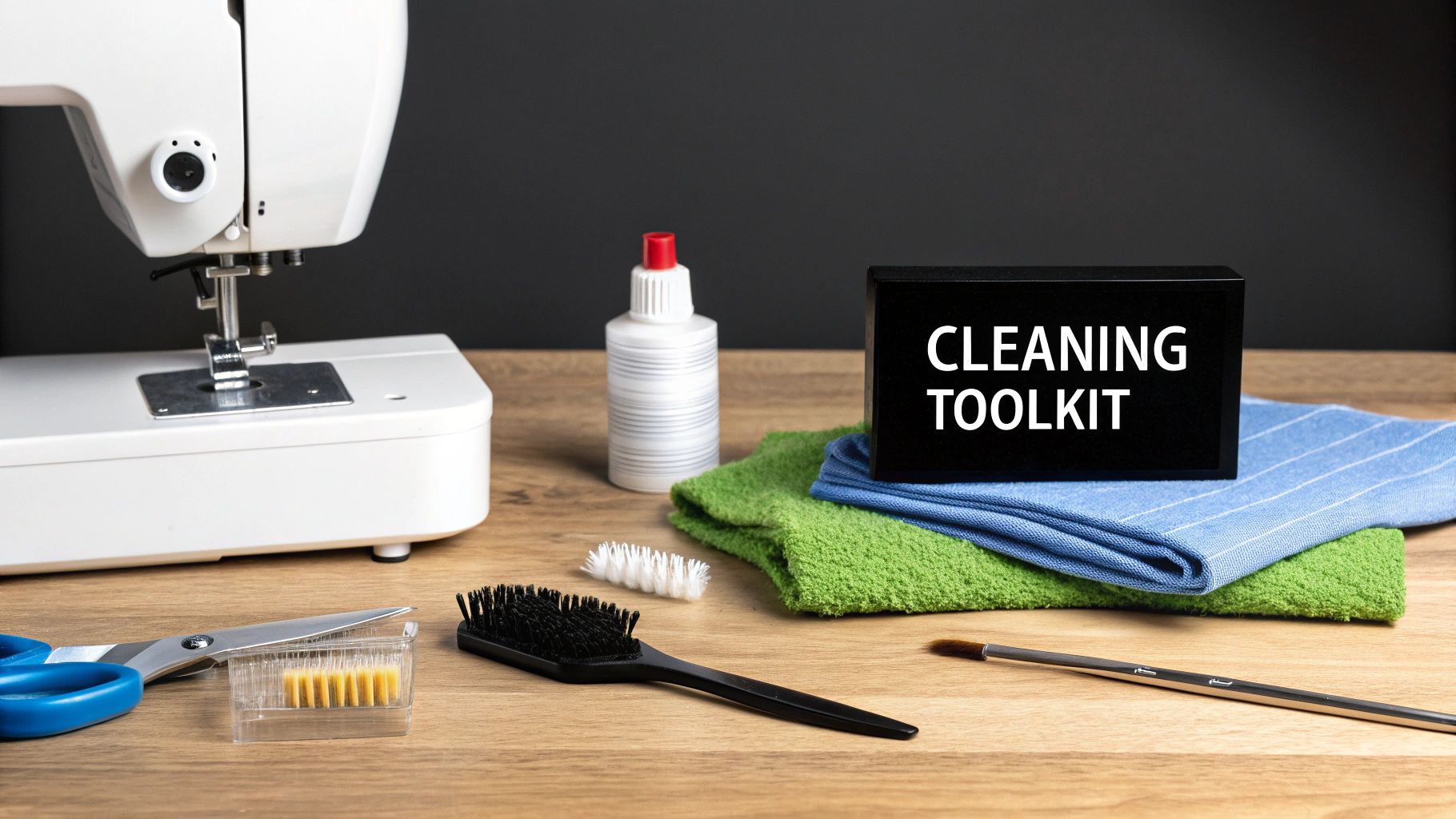Assorted sewing machine cleaning tools including brushes, screwdrivers, and oil on a white background.