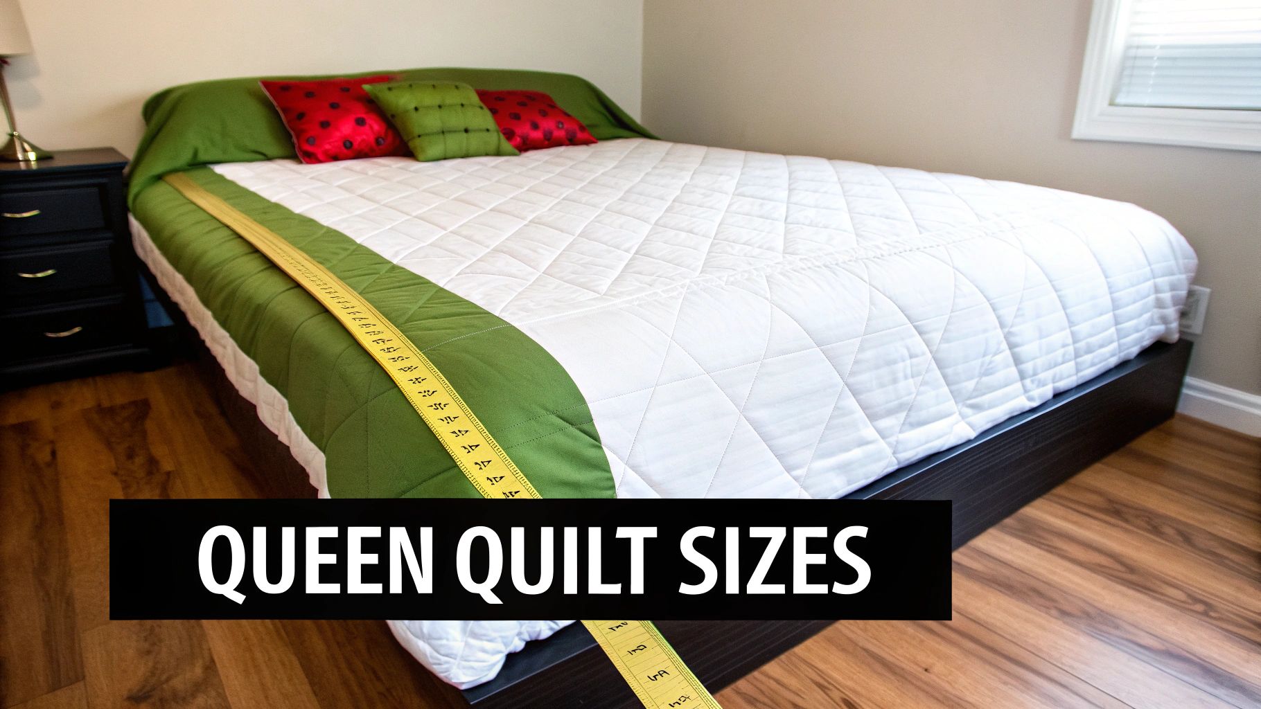 A queen bed with a white quilted comforter, green accents, and a measuring tape on it, with 'QUEEN QUILT SIZES' text.