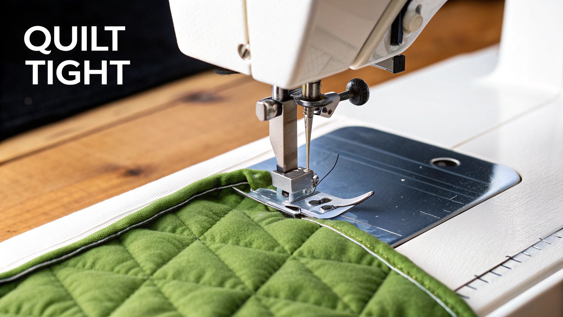 Close-up of a sewing machine stitching a green quilted fabric with white binding, featuring 'QUILT TIGHT' text.