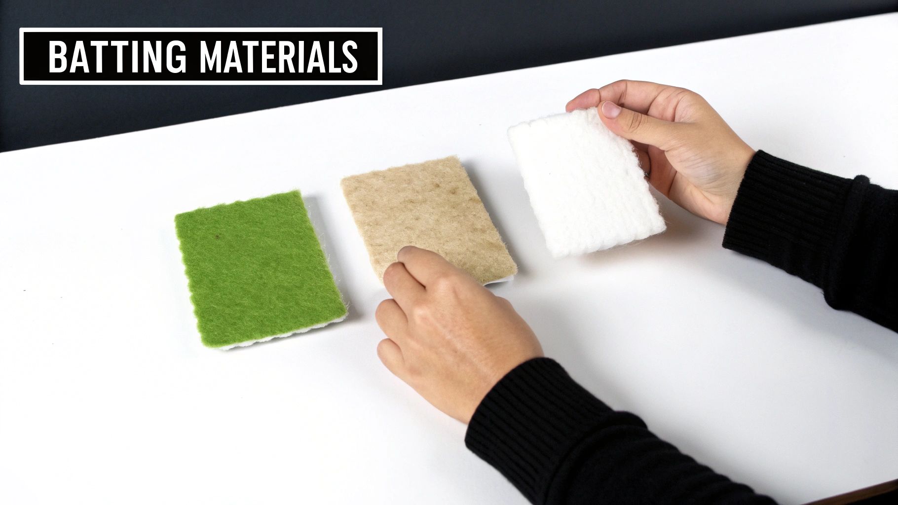 Hands examine three samples of batting materials: green, beige, and white, displayed on a table.