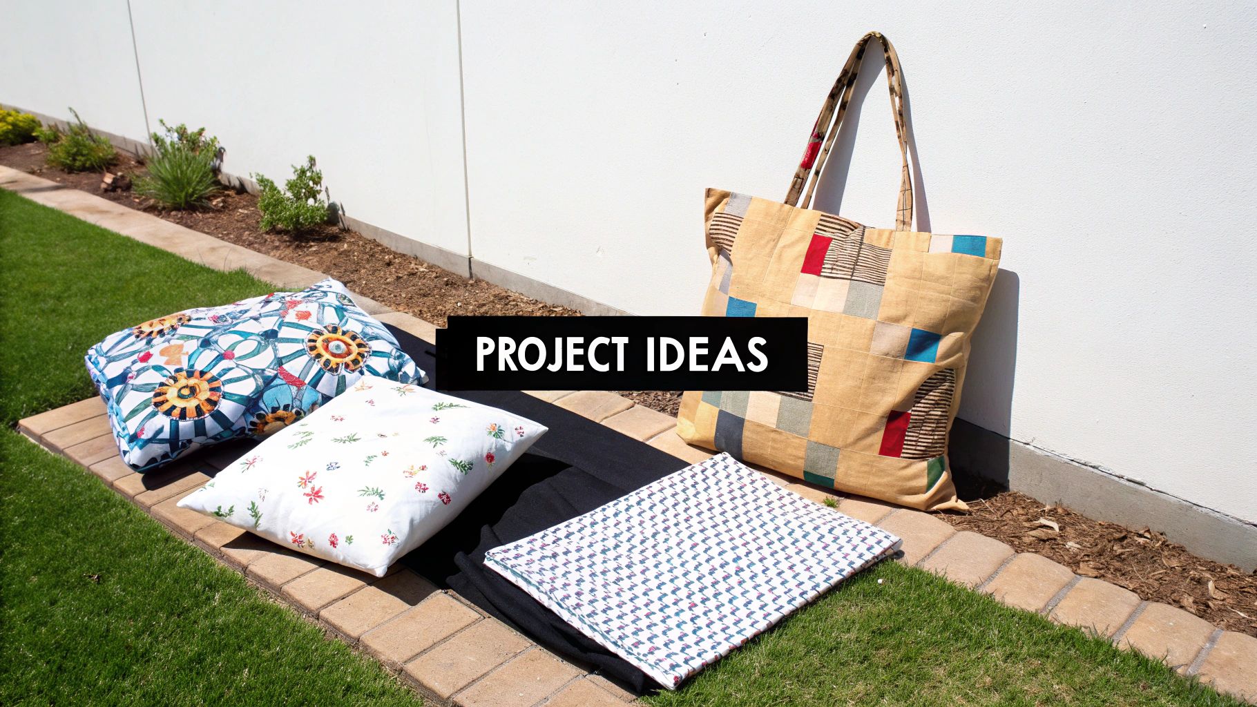 Colorful handmade fabric items like pillows and a tote bag, presented outdoors as project ideas.