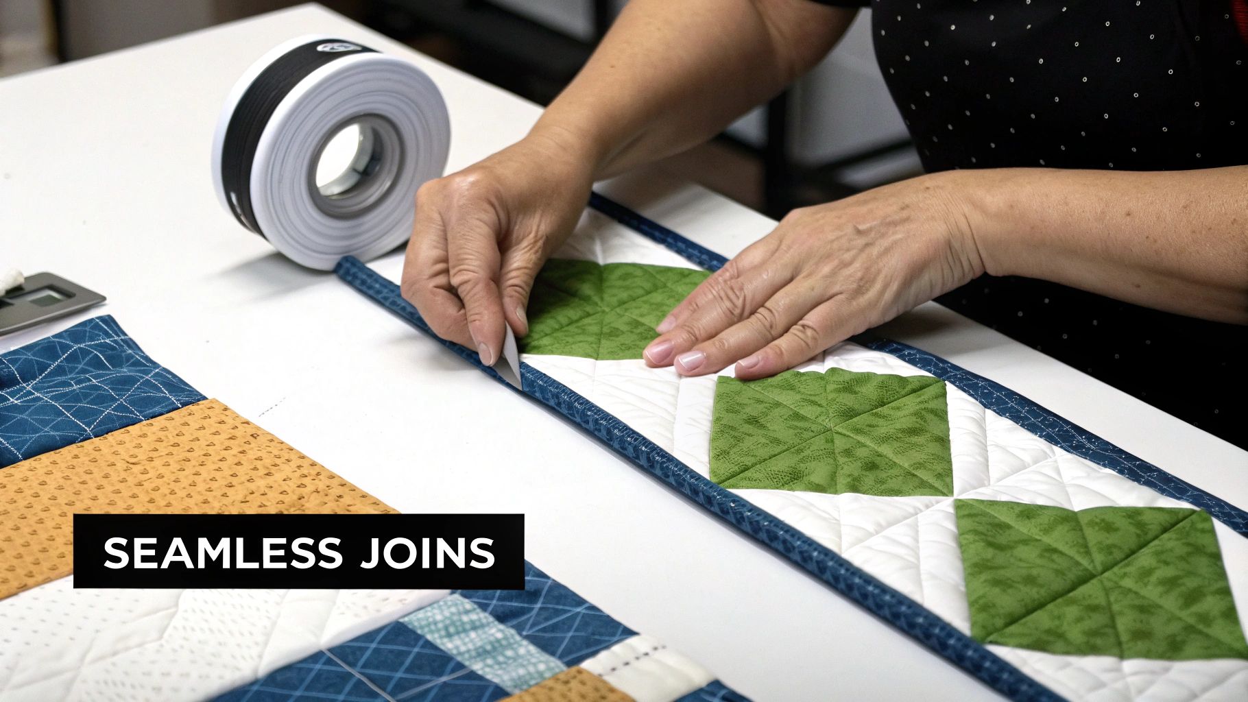 Close-up of hands applying blue binding to a quilted fabric project with green and white squares.