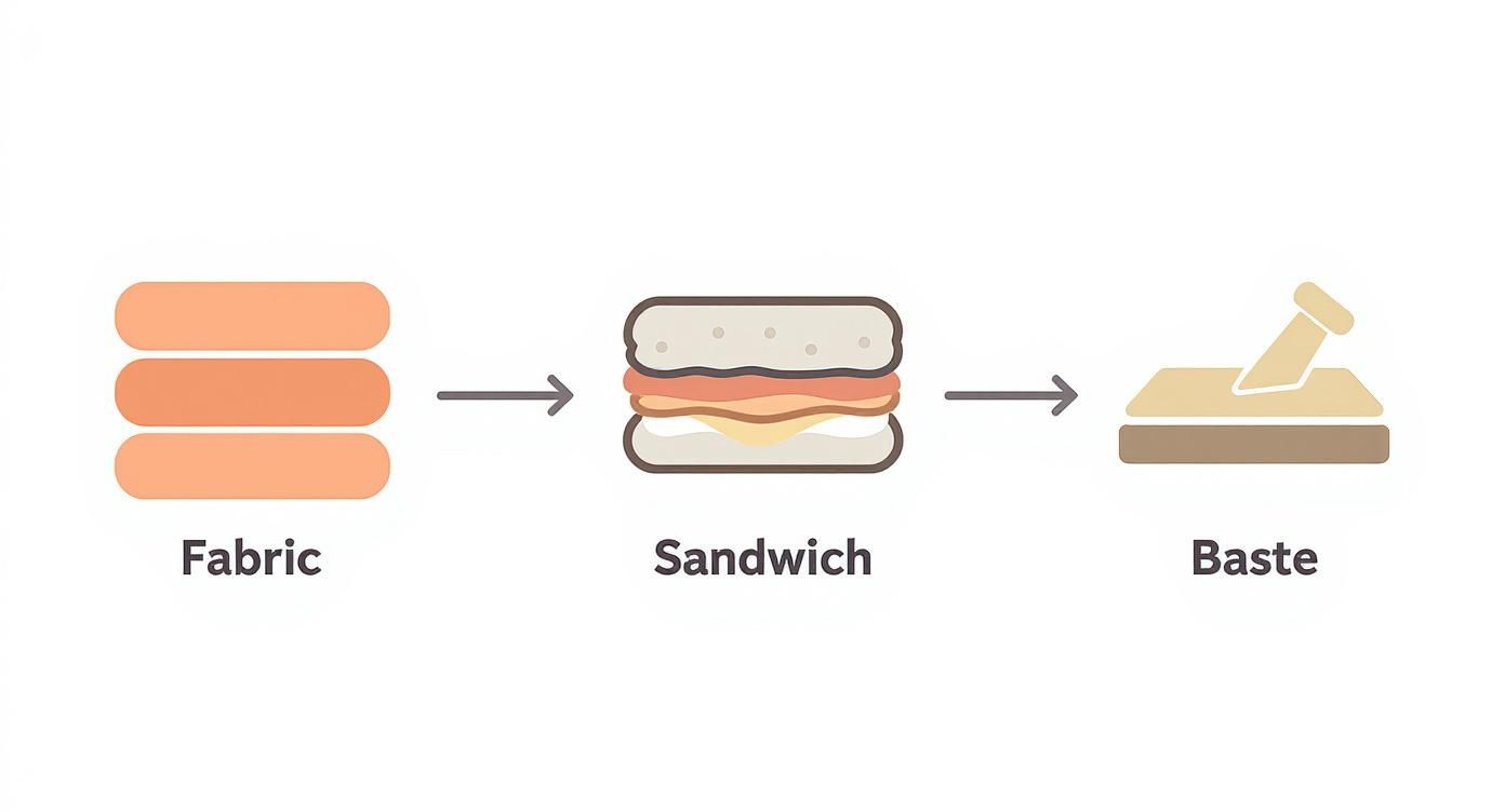 An illustration showing three steps for quilting: fabric layers, a quilt sandwich, and basting the layers together.