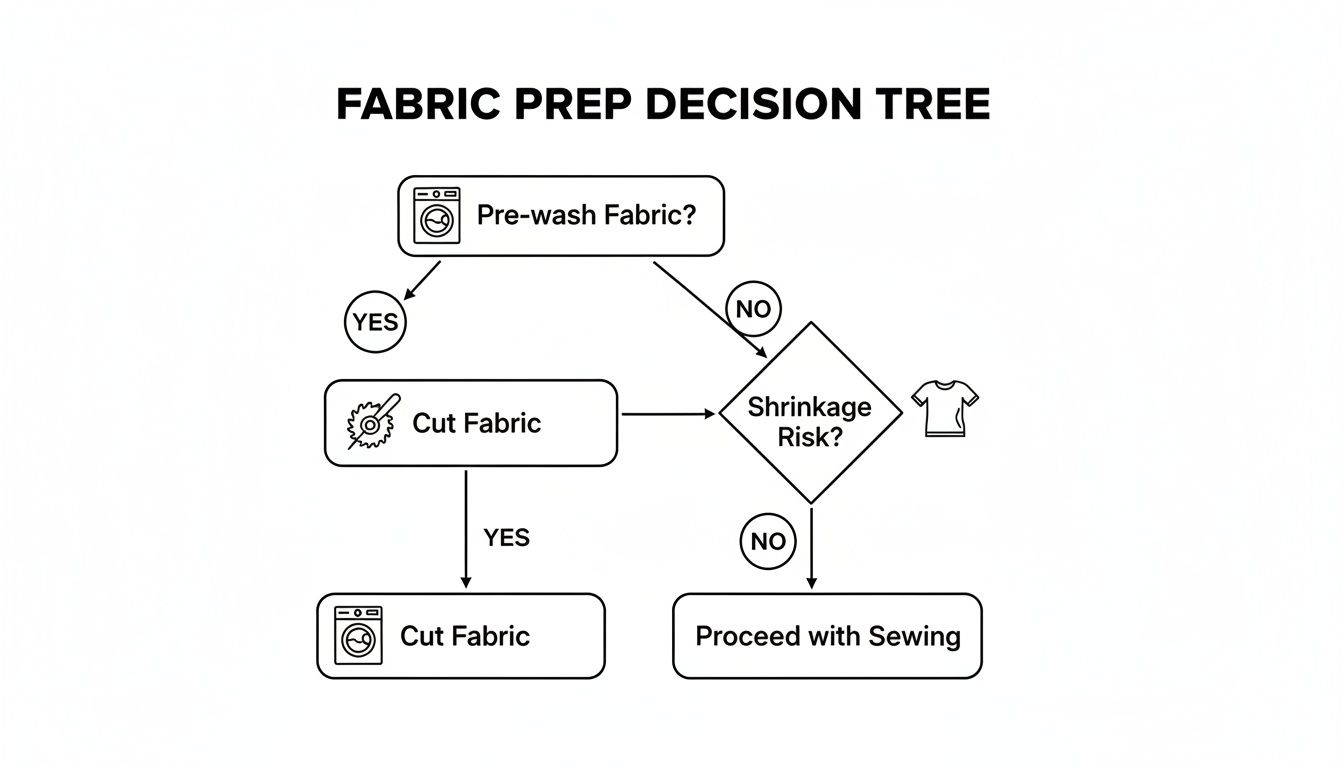 Flowchart detailing fabric preparation steps: pre-washing, cutting, and assessing shrinkage risk before sewing.