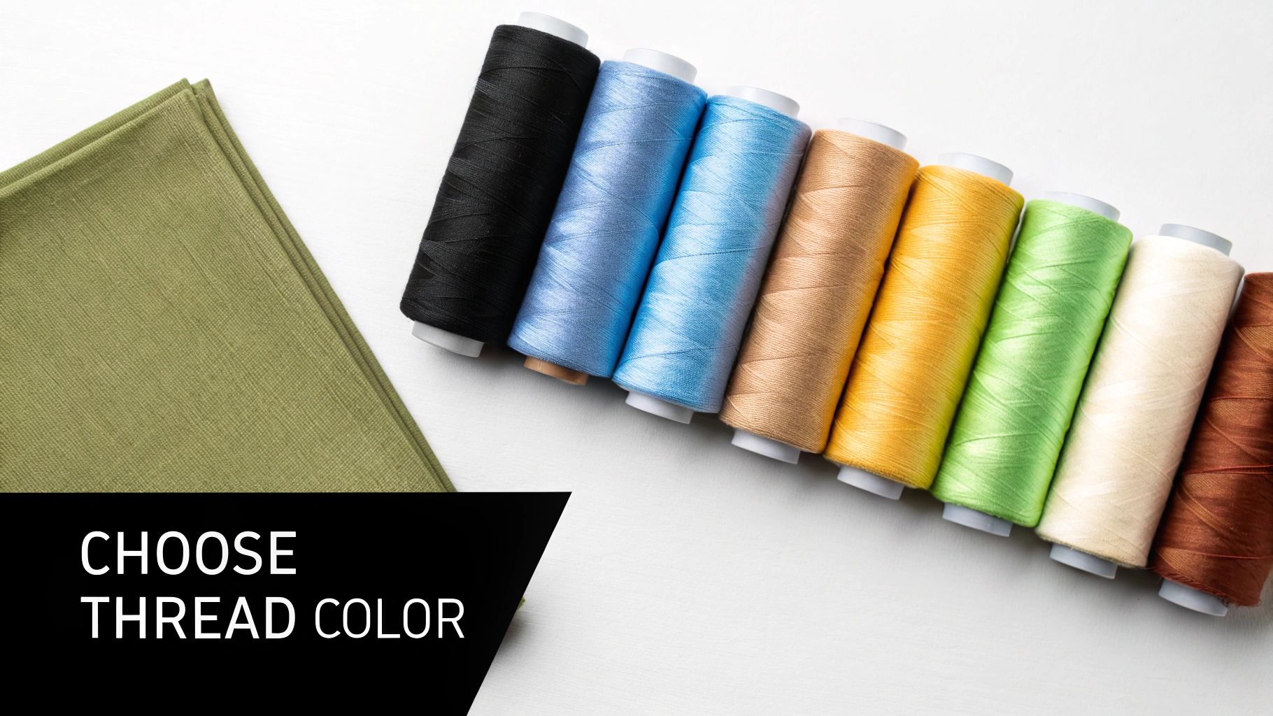 A folded green fabric swatch sits beside a neatly arranged row of colorful sewing thread spools.