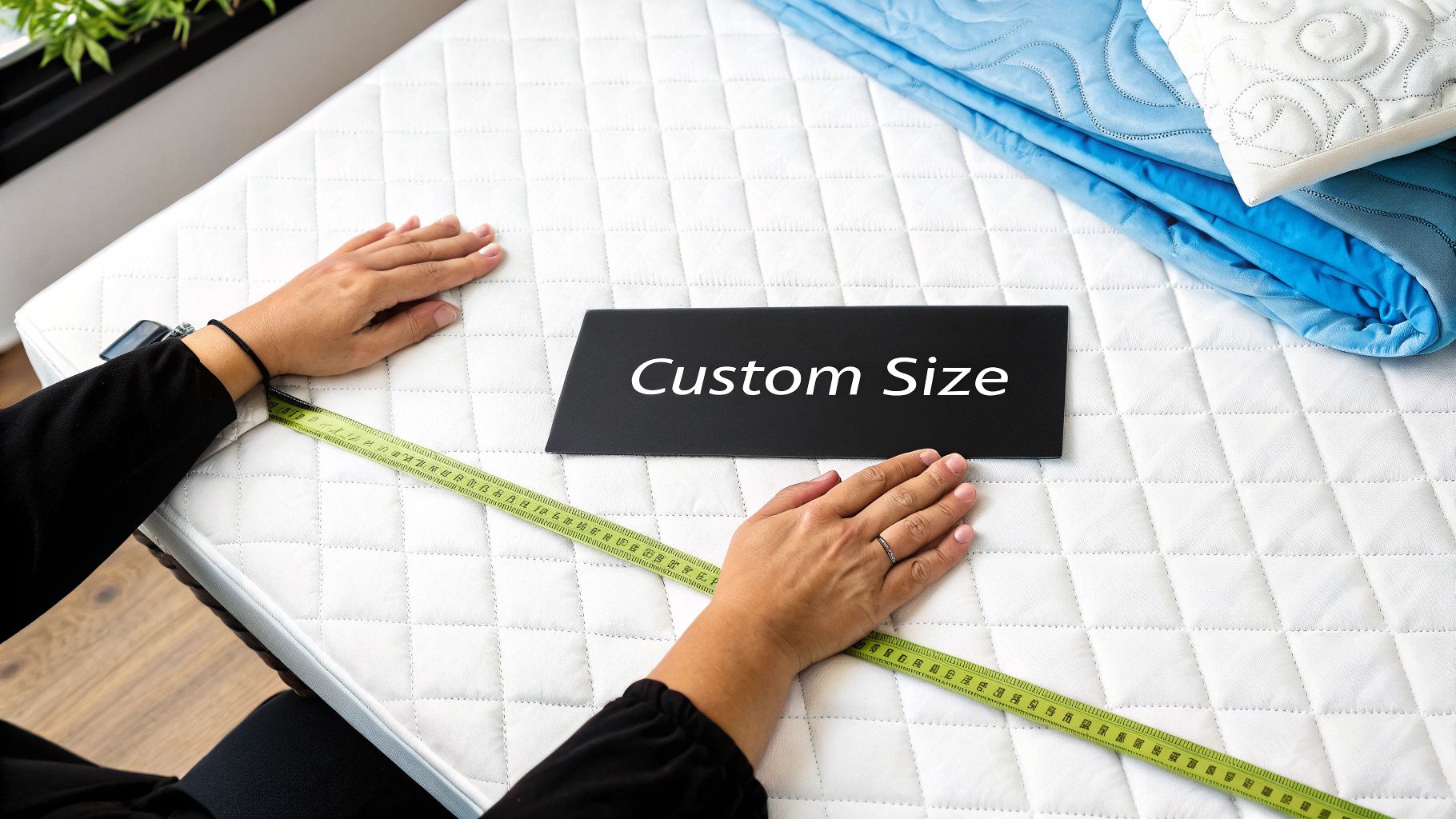 A person using a measuring tape on a crib mattress to plan a custom quilt.