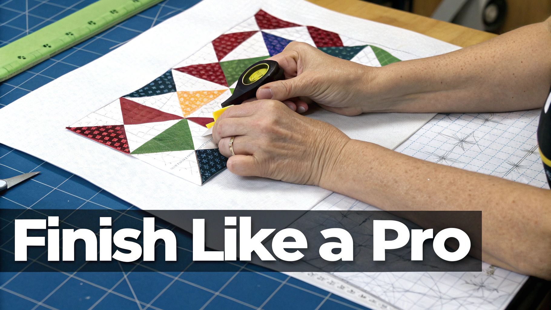 Close-up of hands using a specialized tool to assemble a colorful quilt block, demonstrating paper piecing.