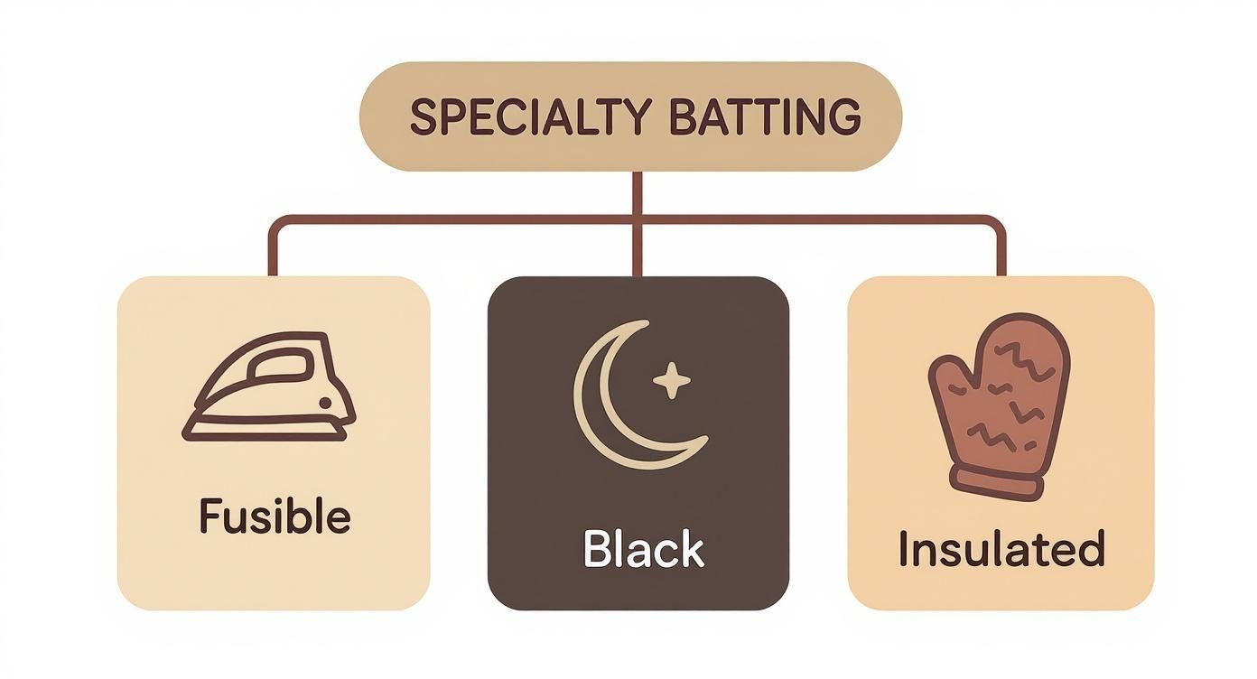 Diagram showing three specialty quilt batting types: fusible, black, and insulated with icons