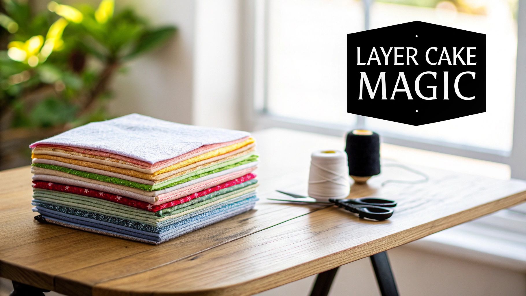 A colorful stack of 10x10 inch fabric squares known as a layer cake, ready for a quilting project.