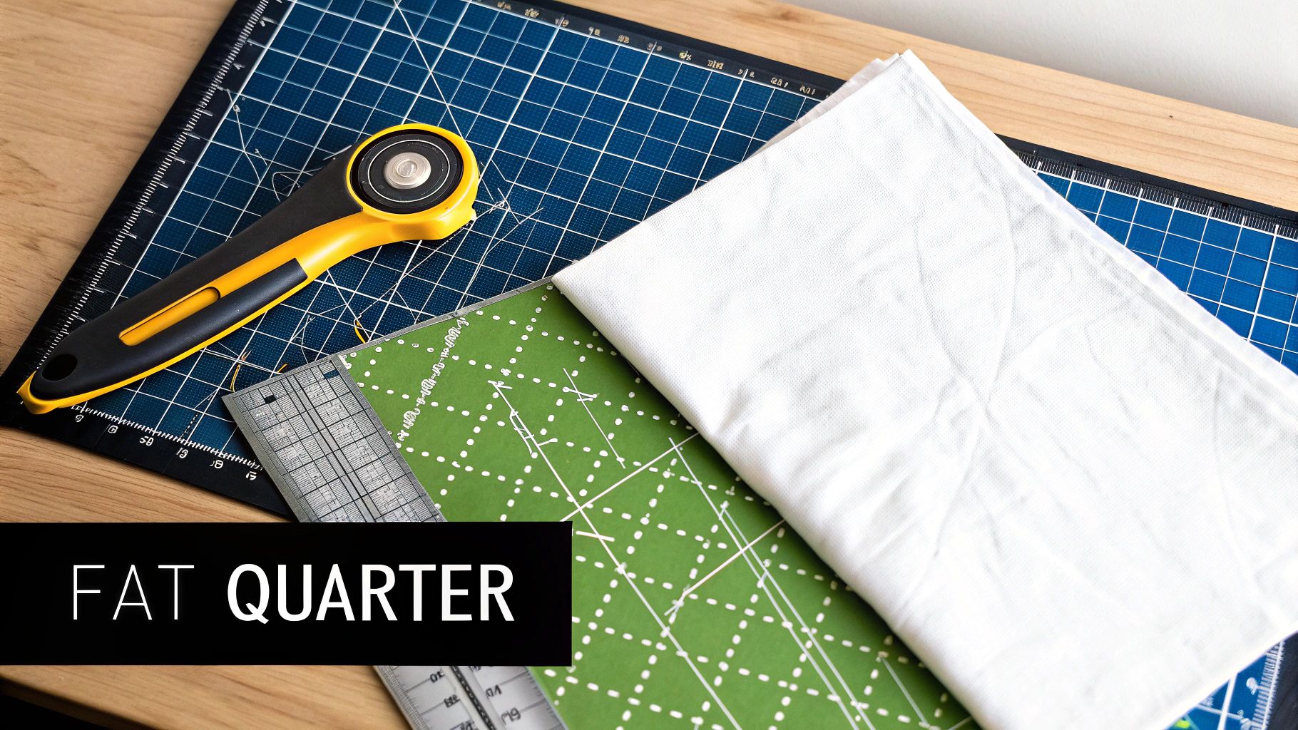 A rotary cutter, metal ruler, and two pieces of fabric on a blue grid cutting mat.