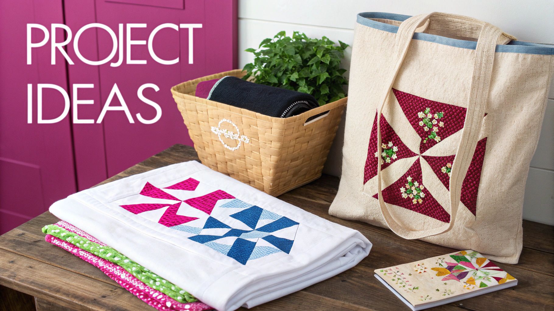 A collection of handmade fabric projects, including an embroidered tote bag and quilted placemat, on a wooden table.