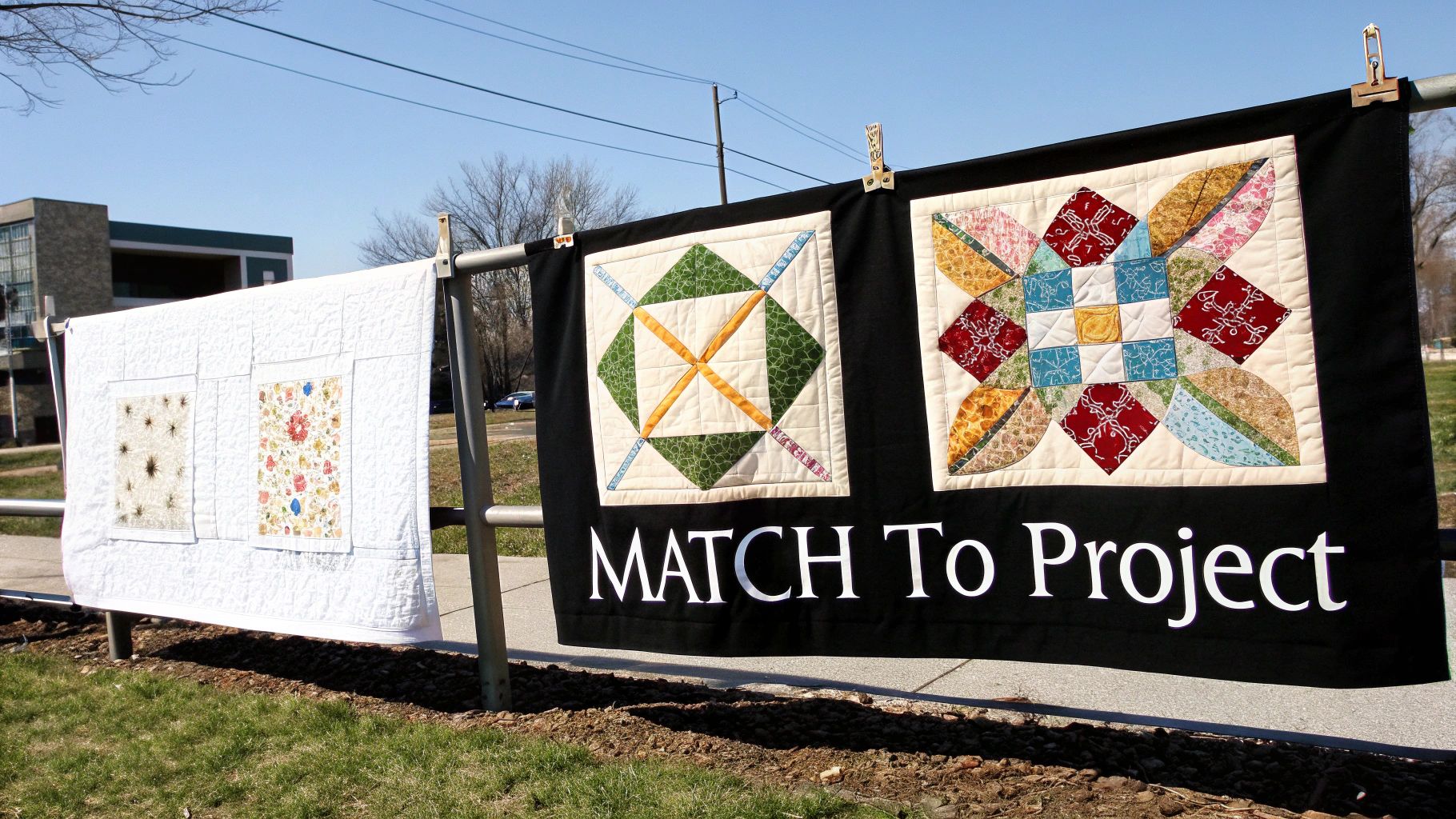 Two vibrant quilted blocks and a white quilt with floral designs hanging on an outdoor railing.